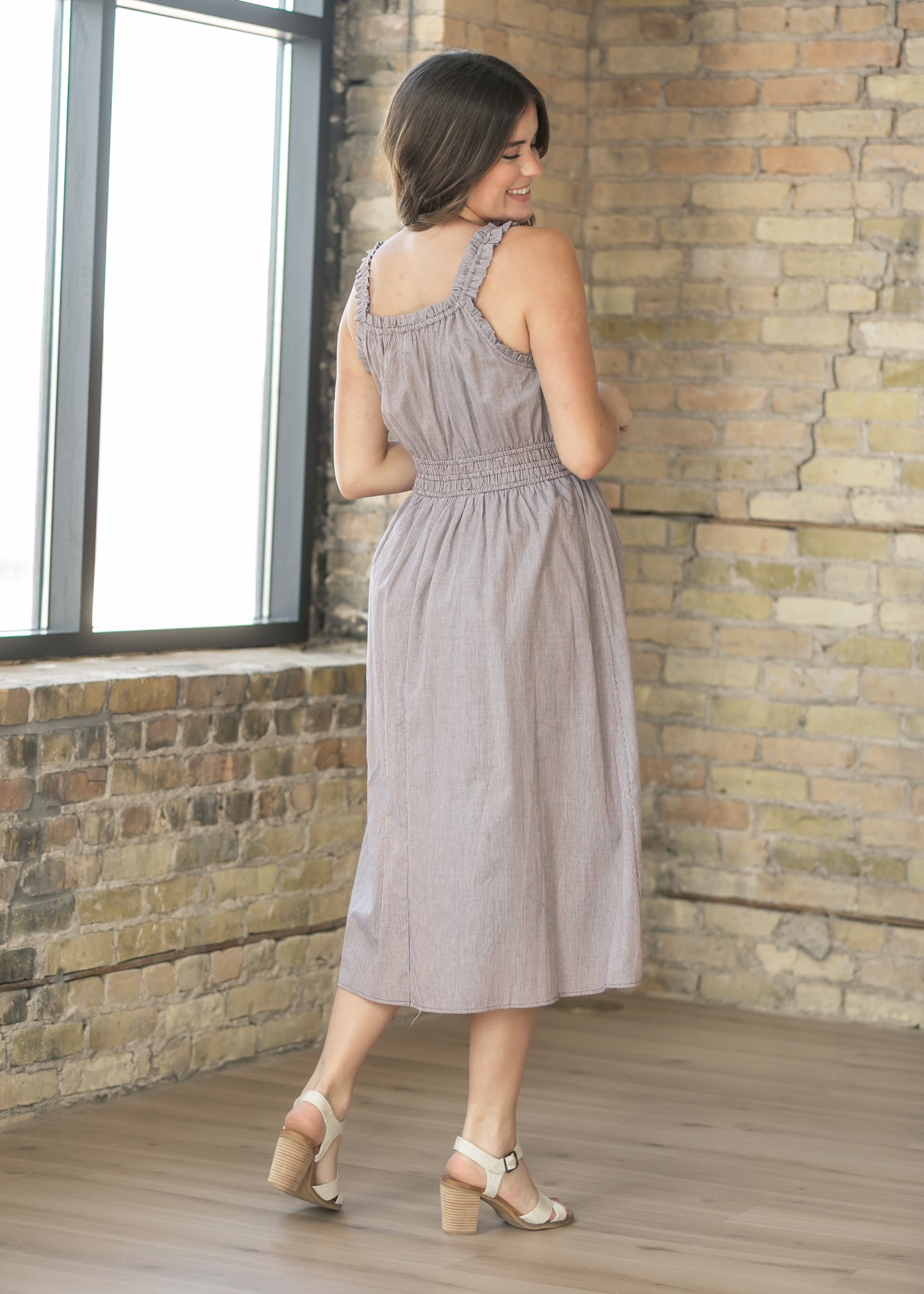 Gingham Ruffle Strap Midi Dress