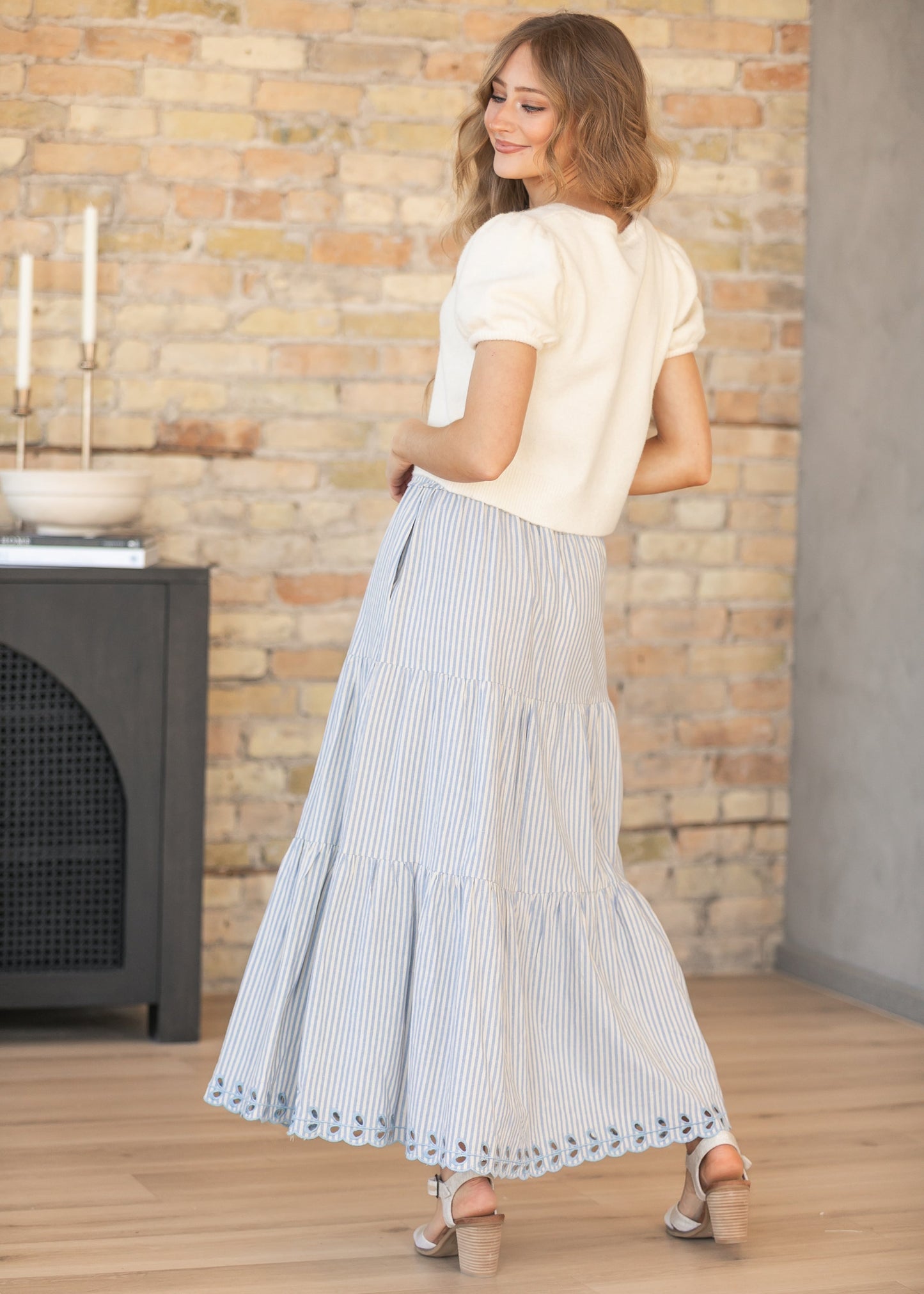 Blue Embroidered Detail Midi Skirt
