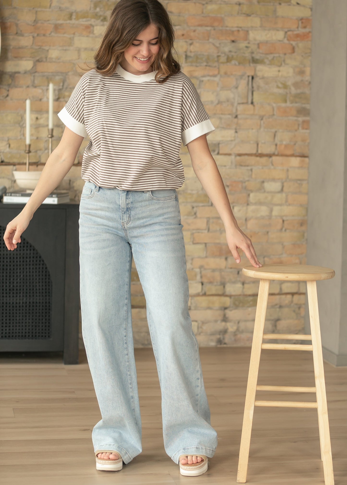 Mocha Stripe Contrast Trim Top