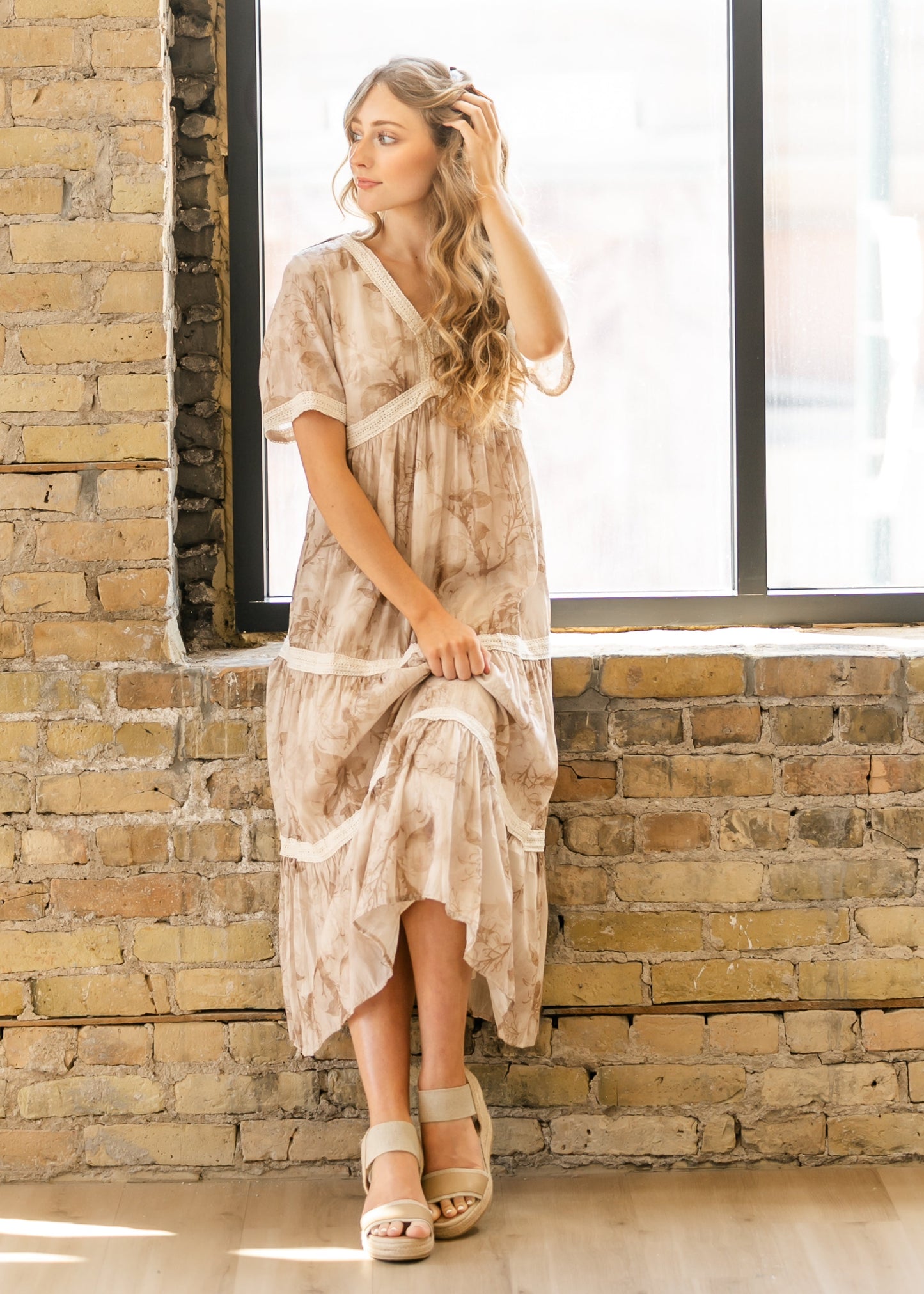 Abstract Print Lace Trimmed V-neck Dress - FINAL SALE