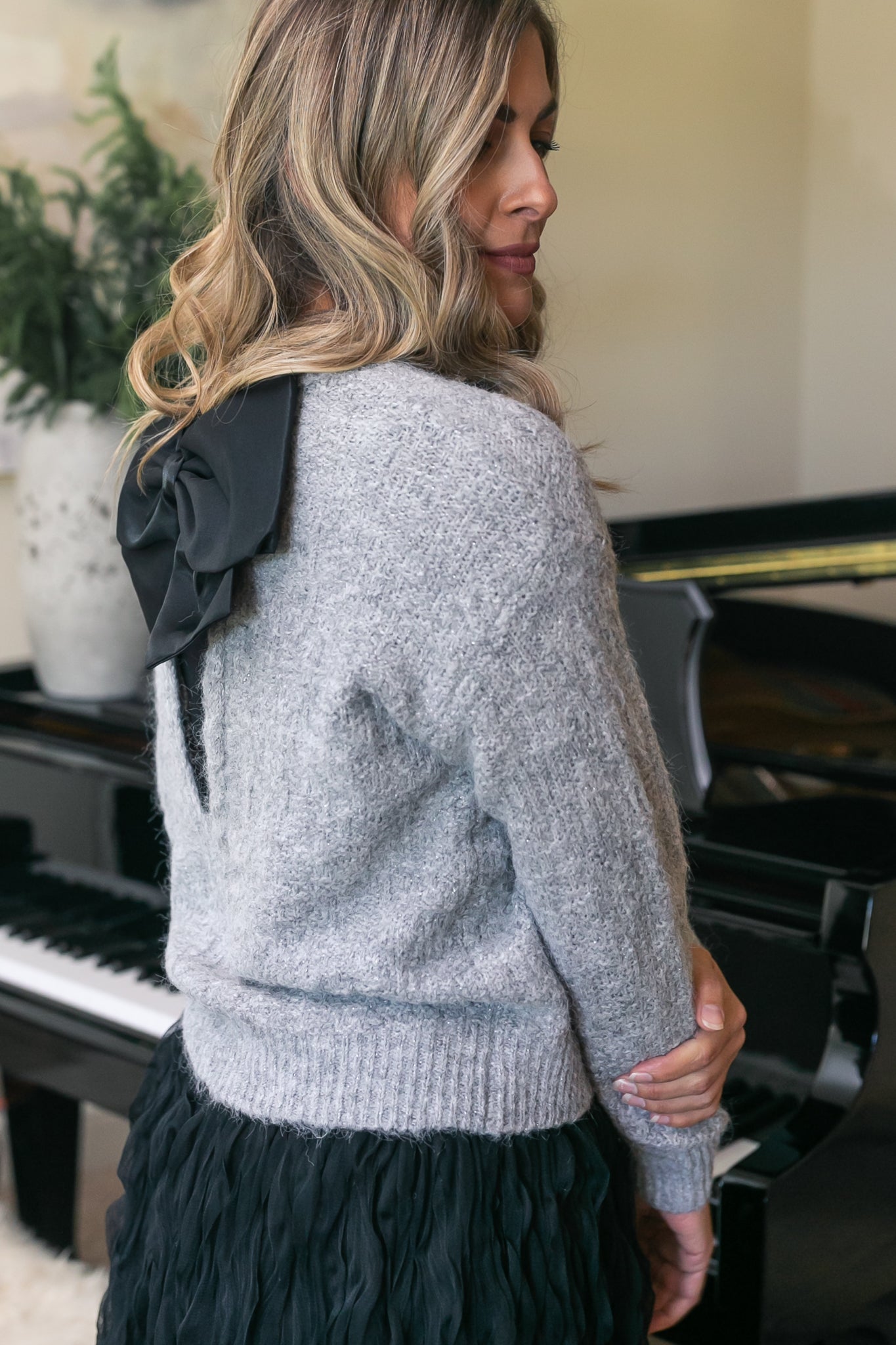 Bow Back Lurex Fuzzy Sweater - FINAL SALE