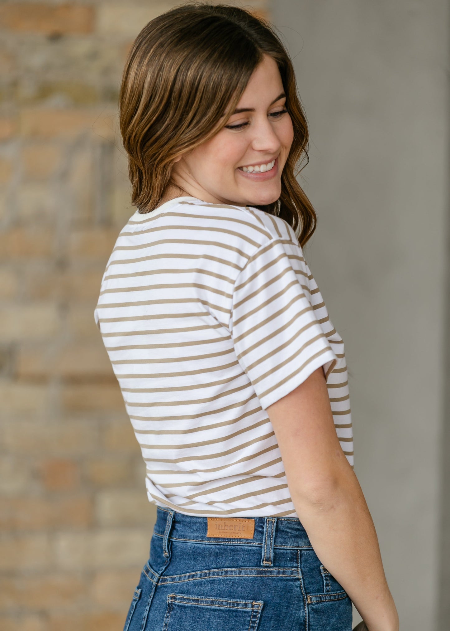 Crew Taupe Striped Relaxed Basic T Shirt