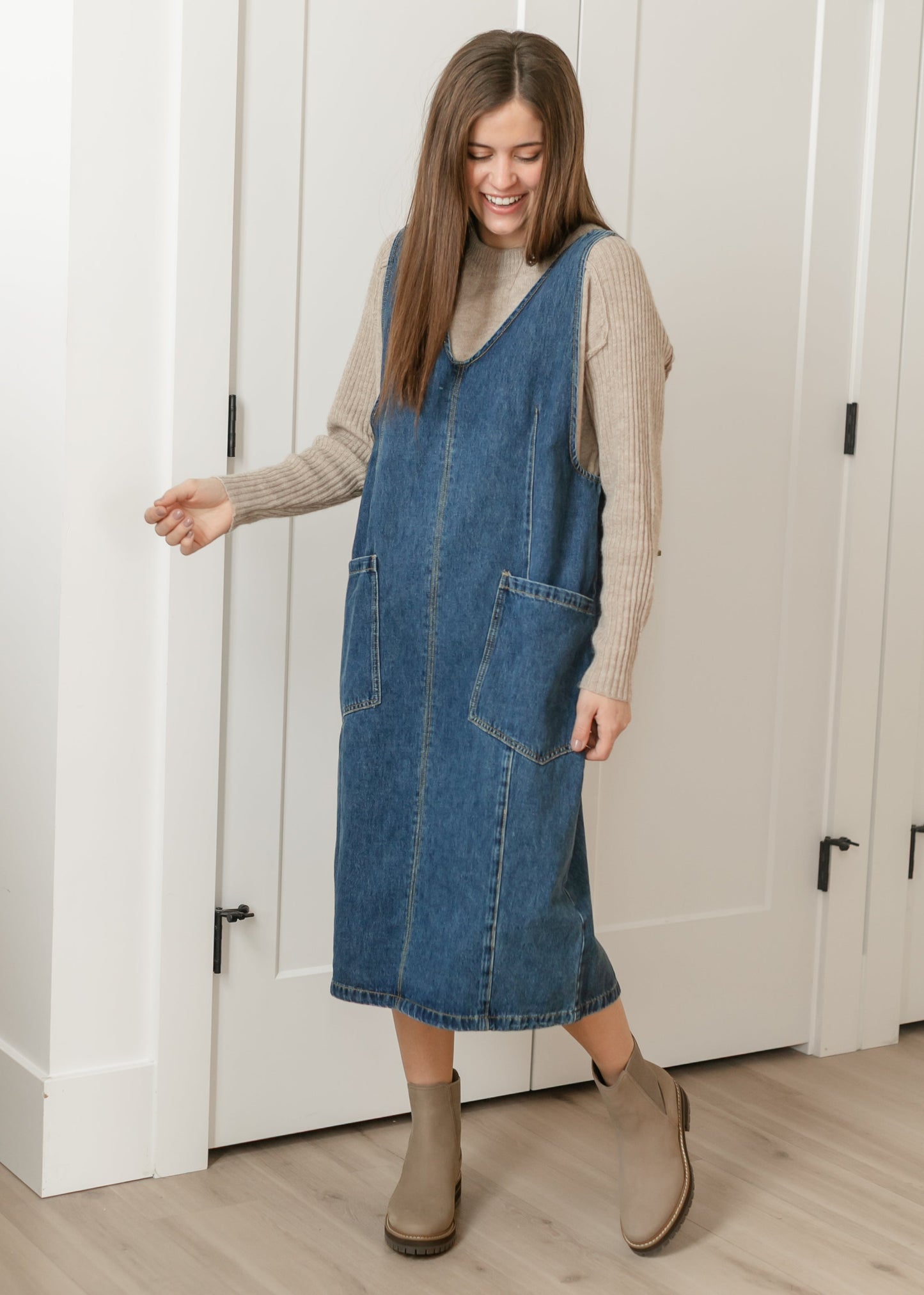Denim V-neck Overall Midi Dress - FINAL SALE