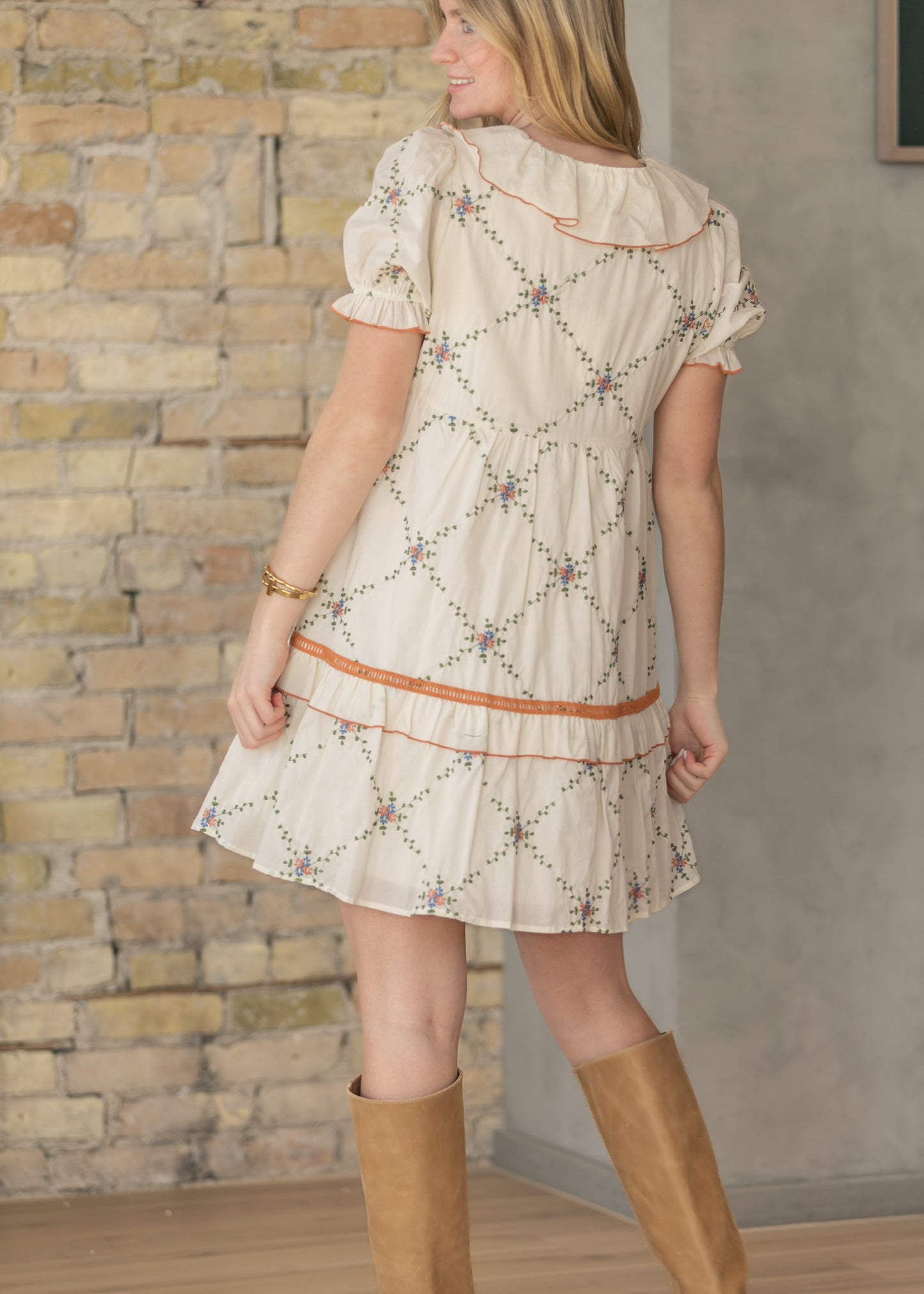 Embroidered Ruffle Collar Midi Dress
