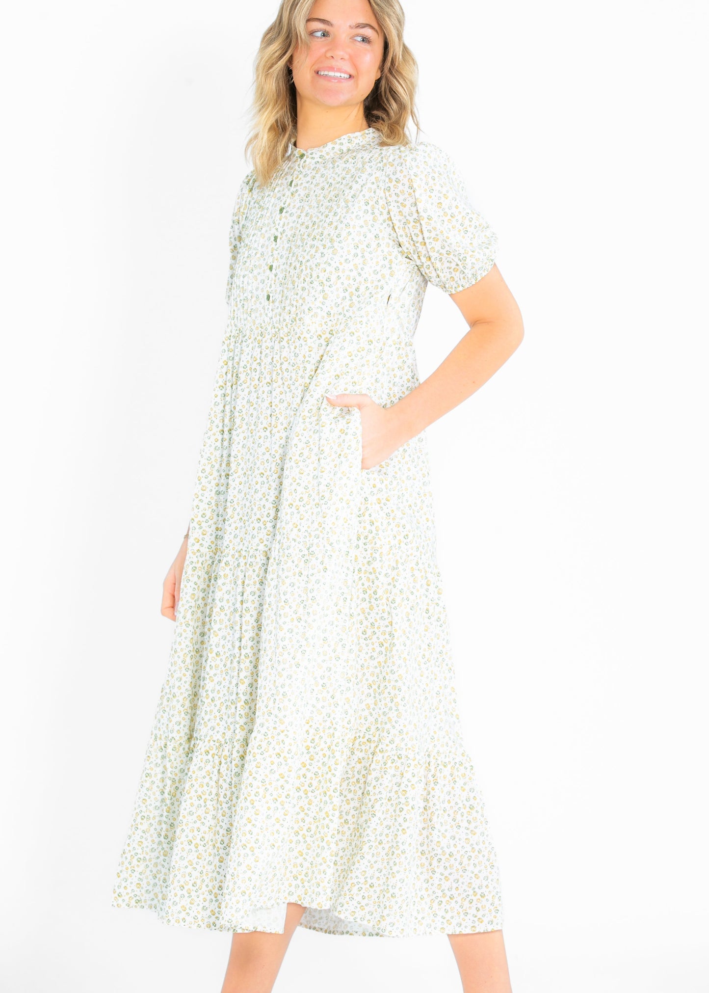 Floral Pintuck Button Front Maxi Dress - FINAL SALE
