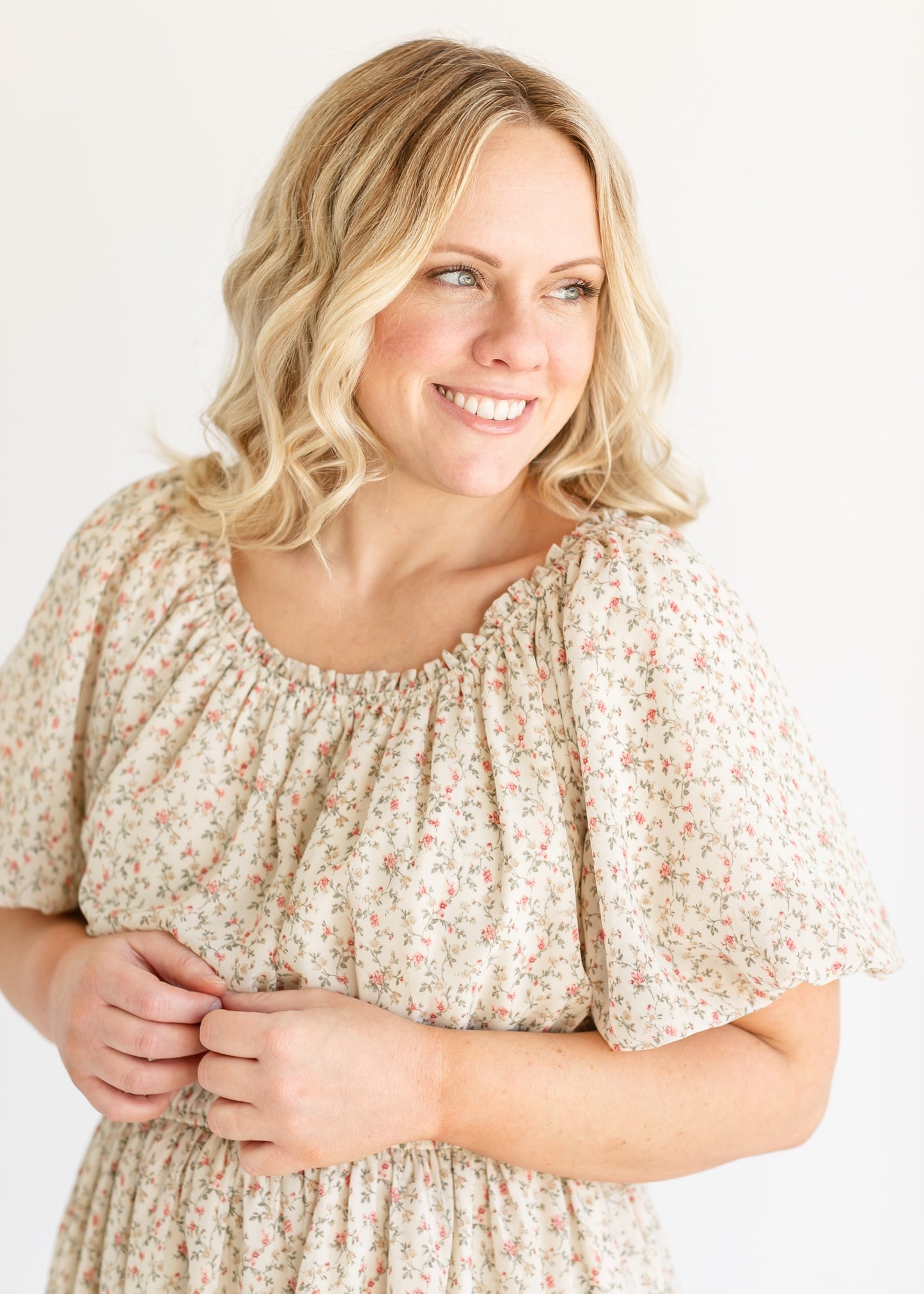 Floral Puff Sleeve Chiffon Midi Dress