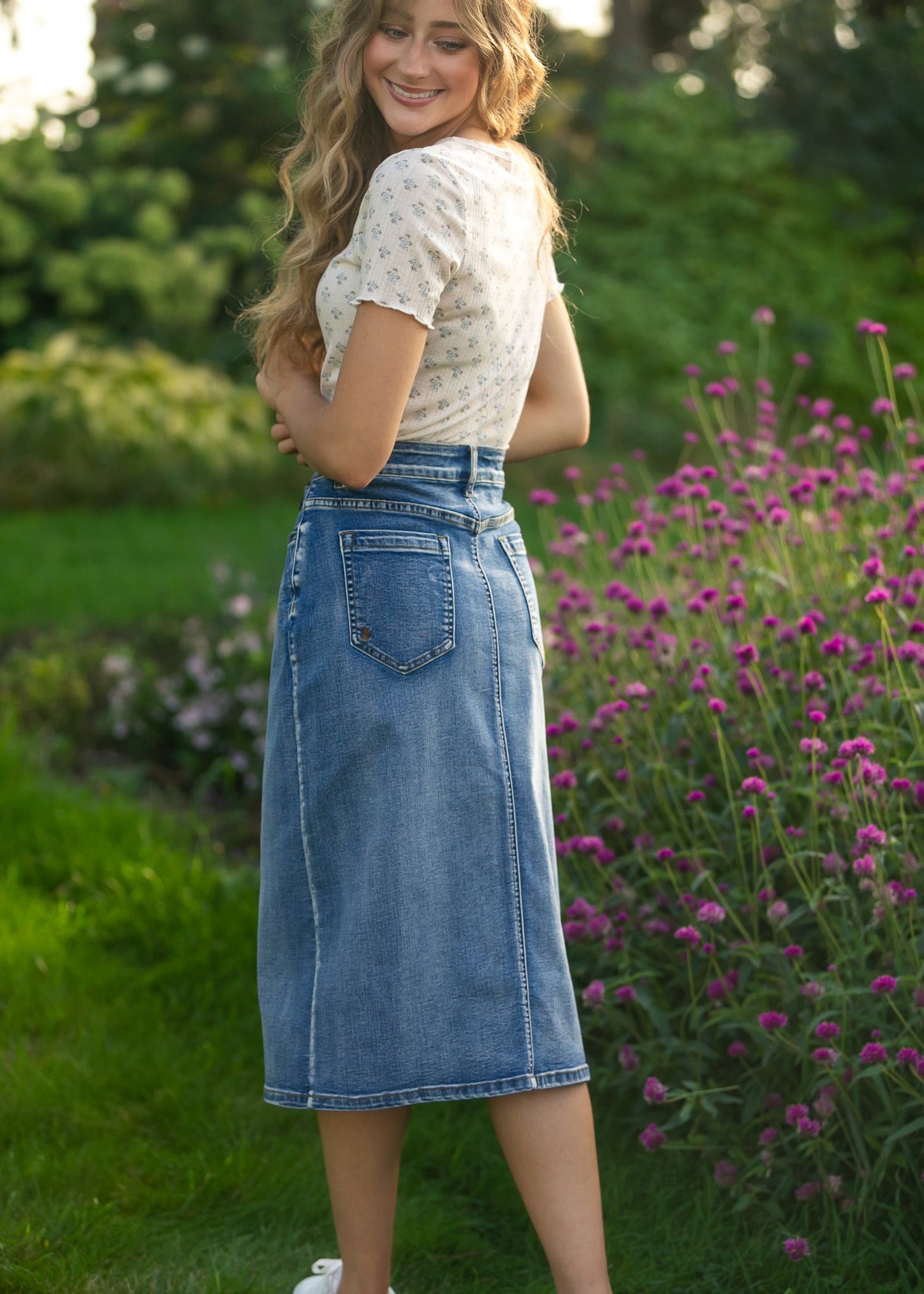 Frankie Medium Wash Denim Midi Skirt
