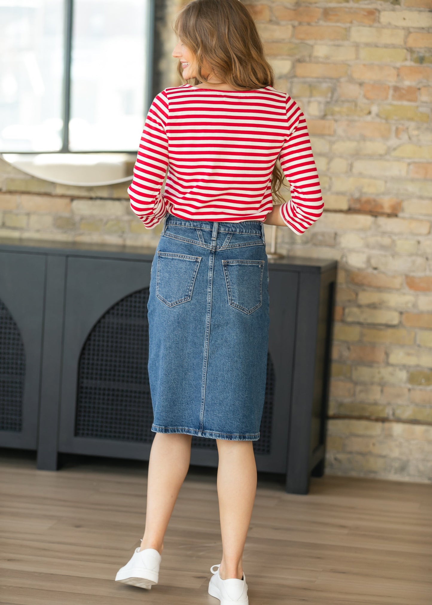 Front Yoke High-Rise Denim Midi Skirt
