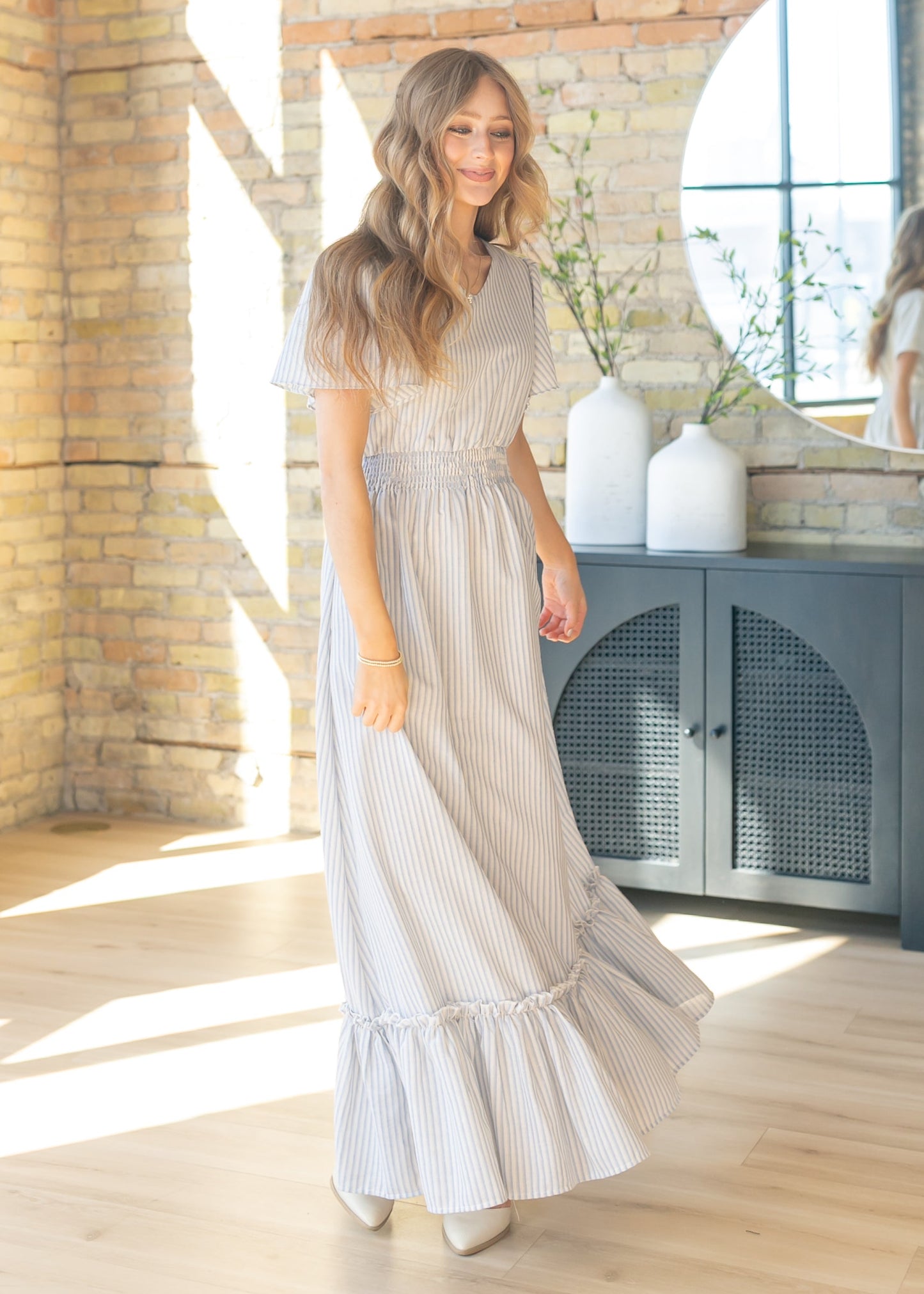 Isabella Blue Stripes V Neck Maxi Dress