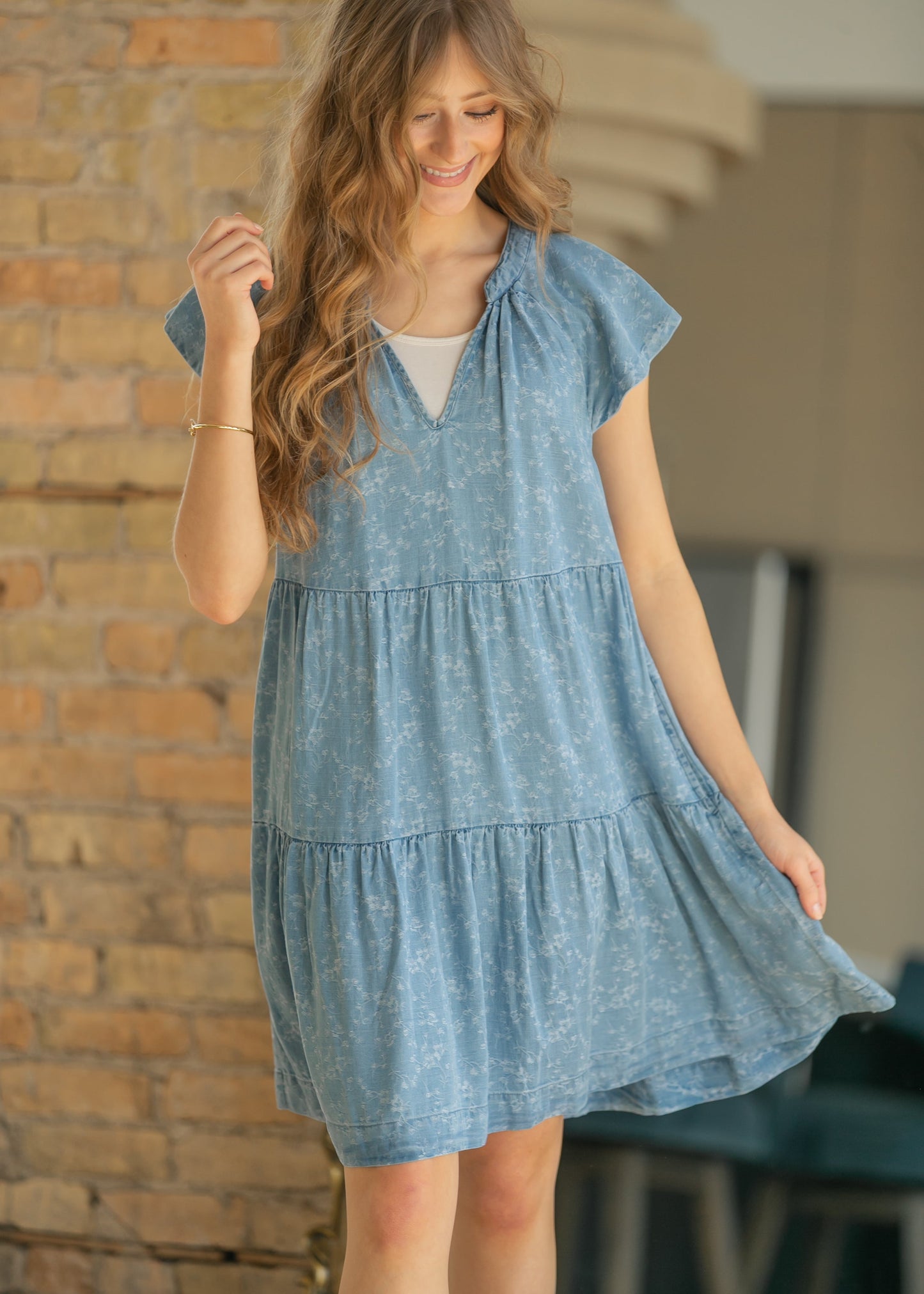 LIVERPOOL® Tiered Flutter Sleeve Midi Dress