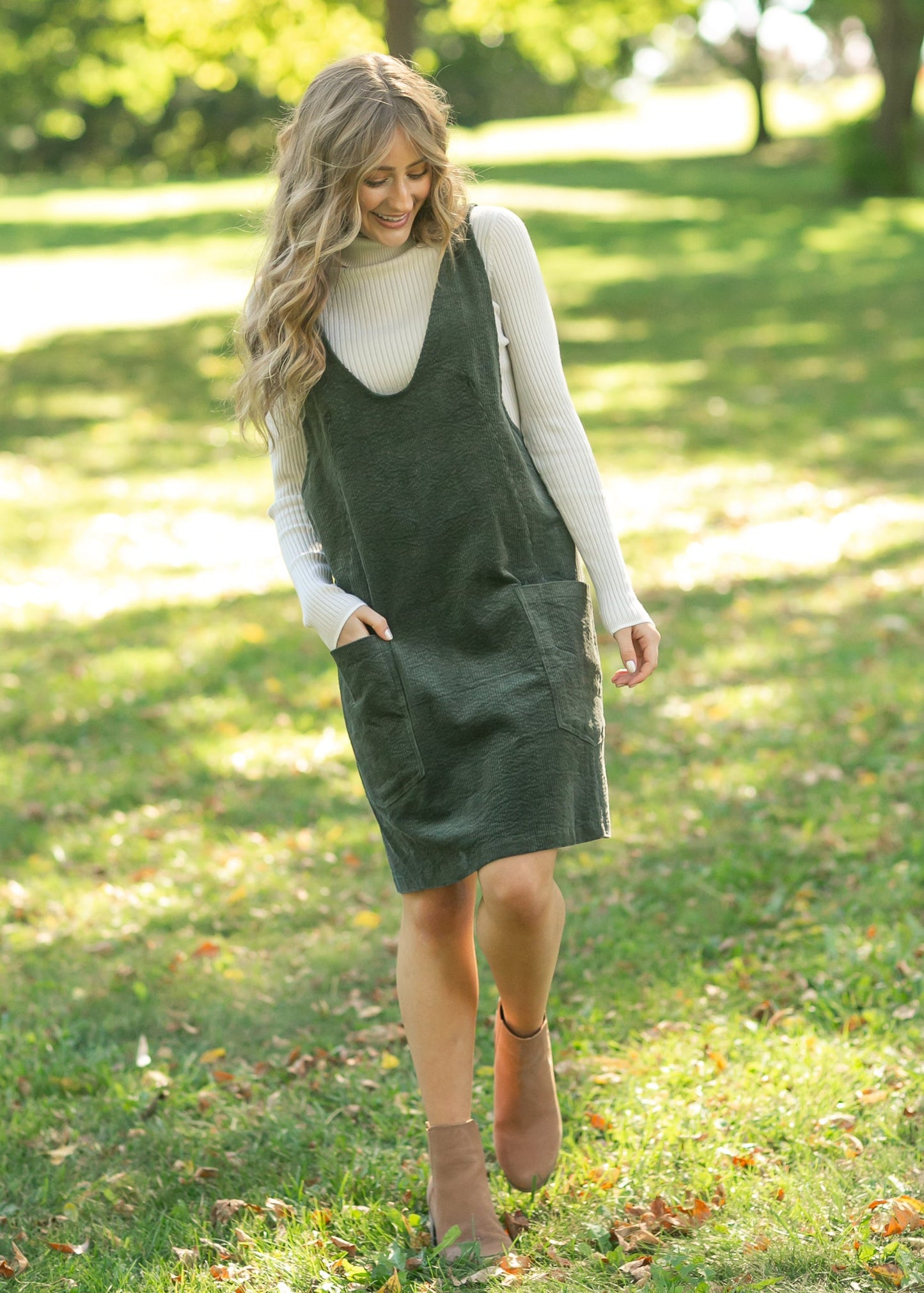 Olive Corduroy Overall Dress - FINAL SALE