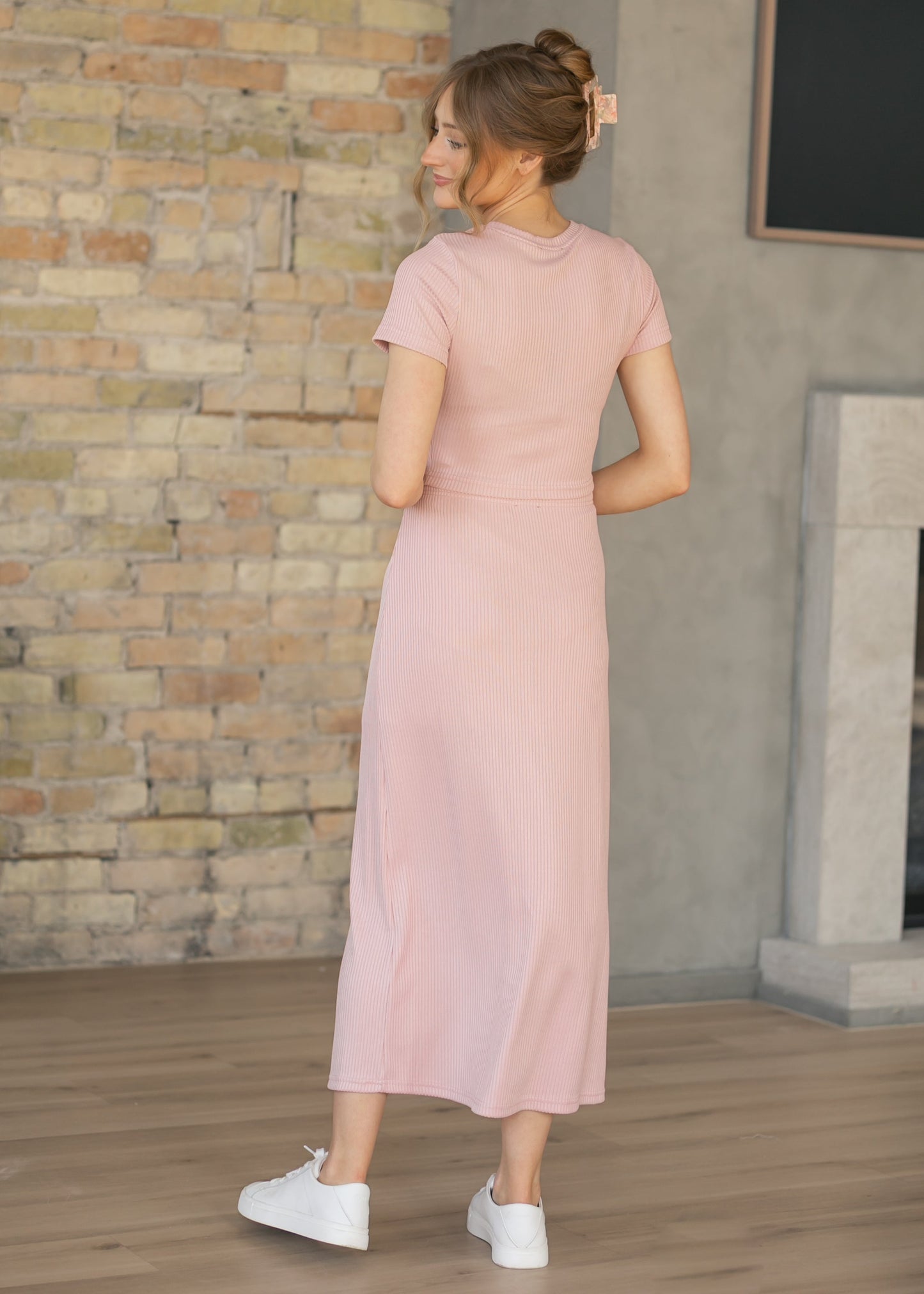 Pink Ribbed Knit Top & Skirt Set