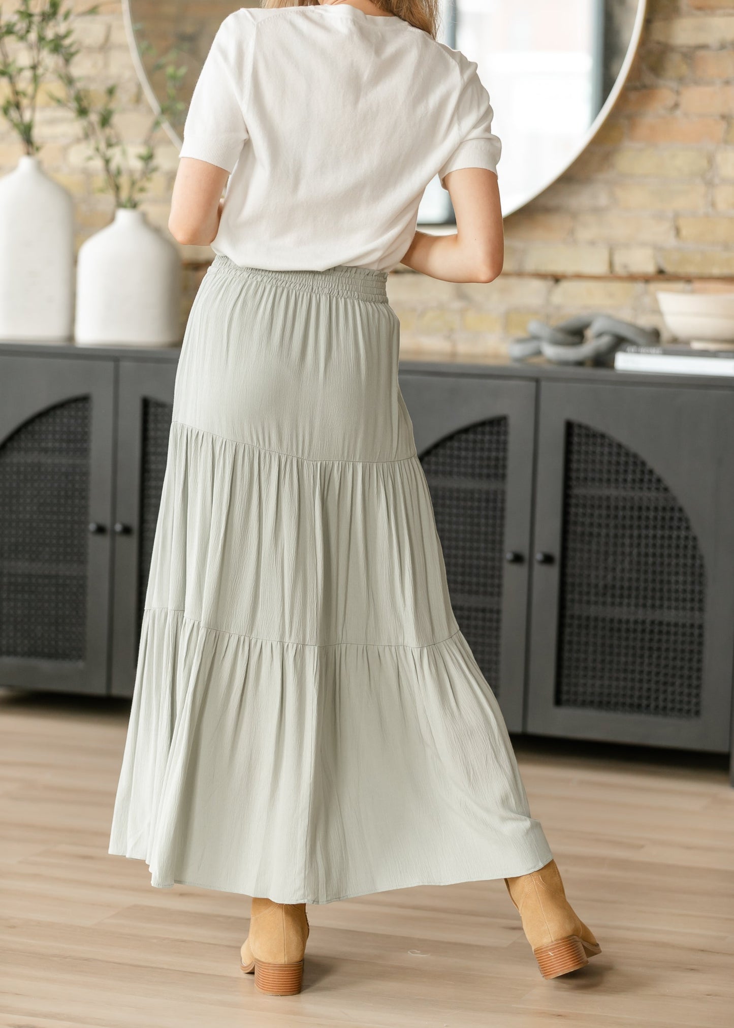 Pistachio Smocked Waist Tiered Maxi Skirt