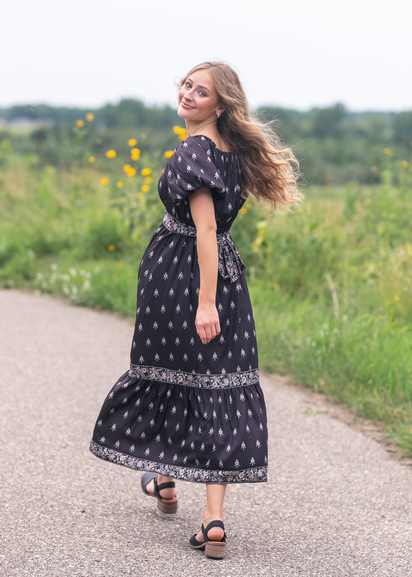 Printed Bubble Sleeve Midi Dress - FINAL SALE