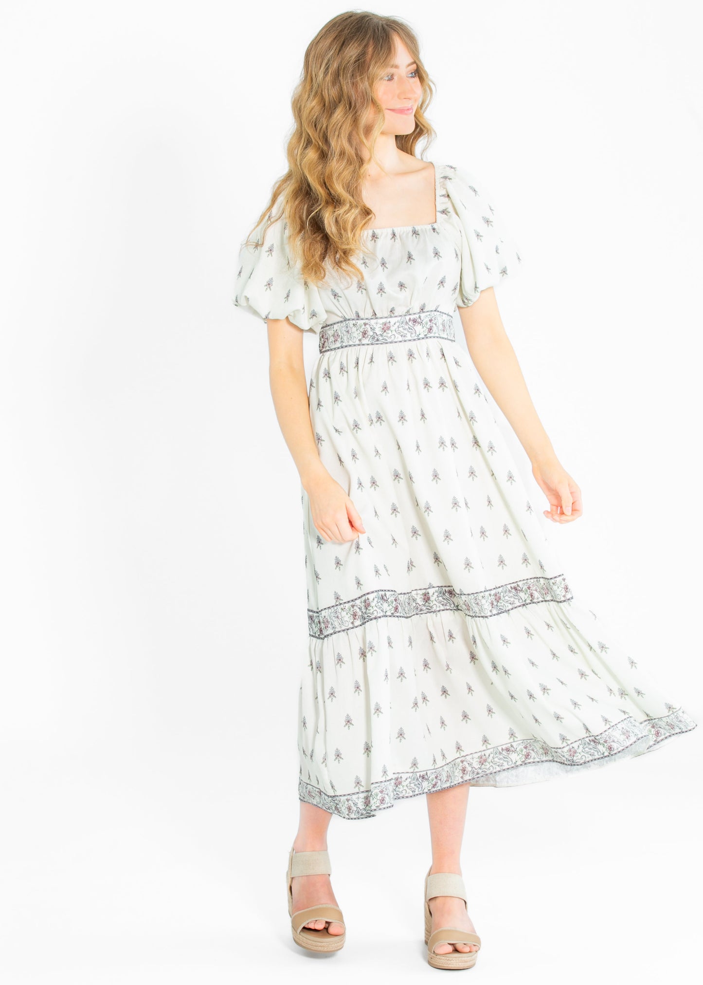 Printed Pattern Bubble Sleeve Midi Dress - FINAL SALE