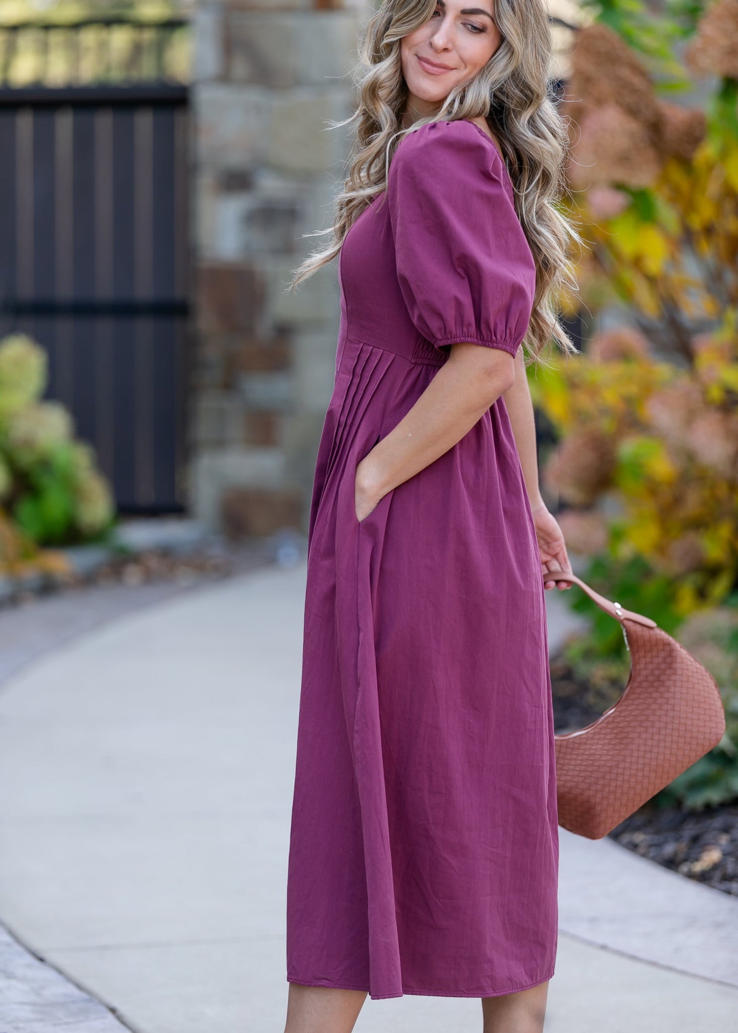 Puff Sleeve Pleated Waist Midi Dress - FINAL SALE