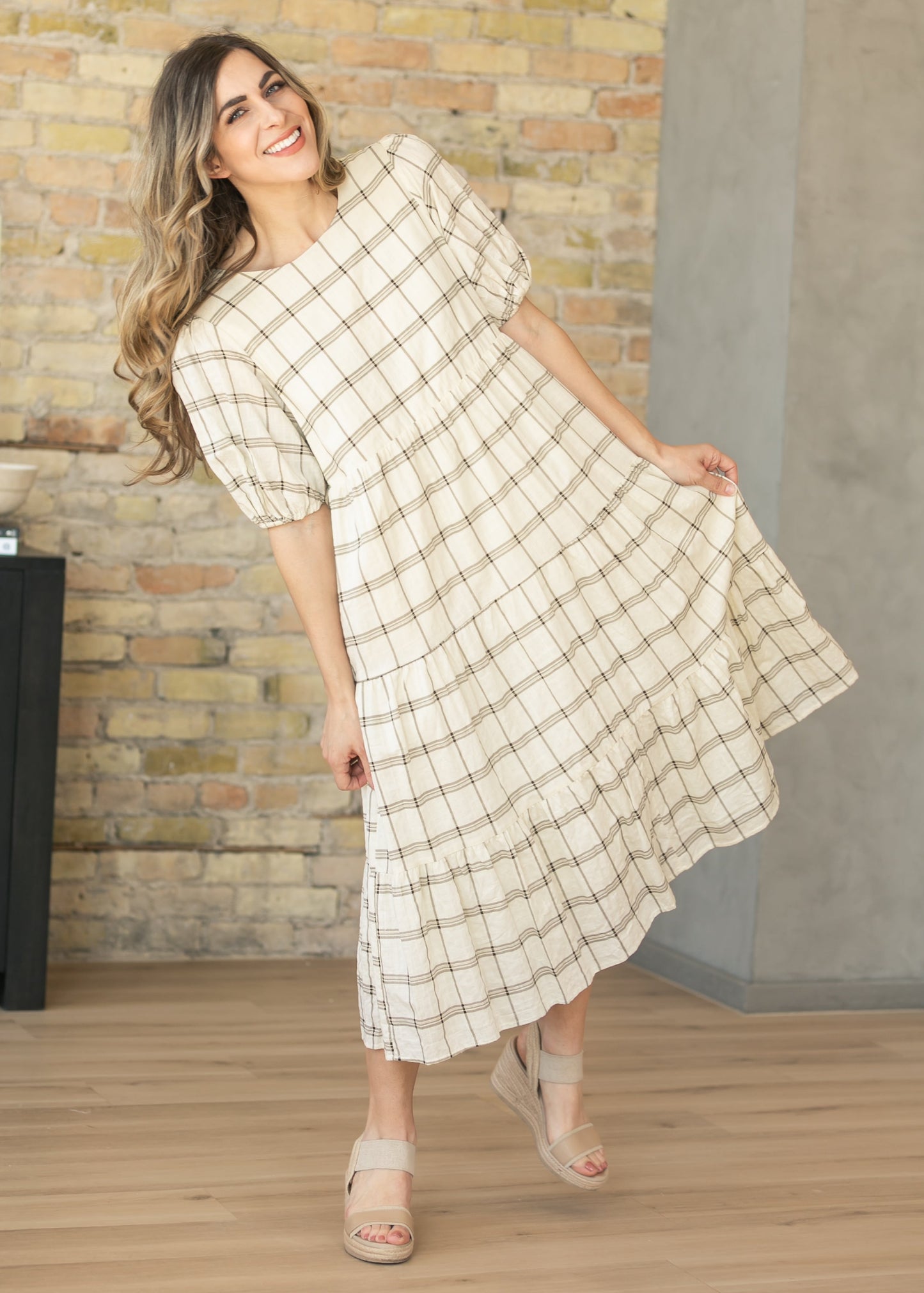 Puff Sleeve Windowpane Maxi Dress