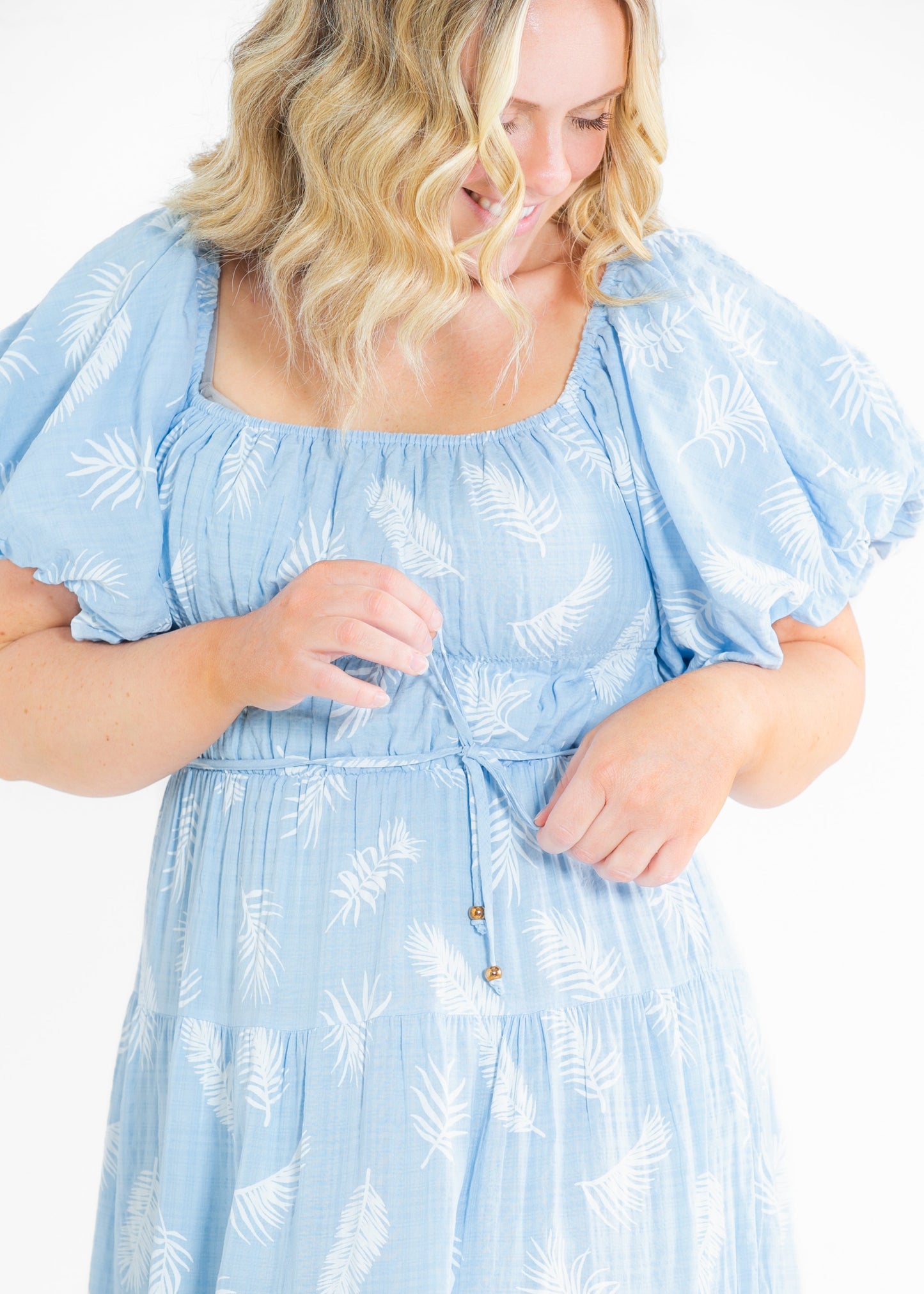 Rhea Leaf Print Puff Sleeve Tiered Midi Dress - FINAL SALE