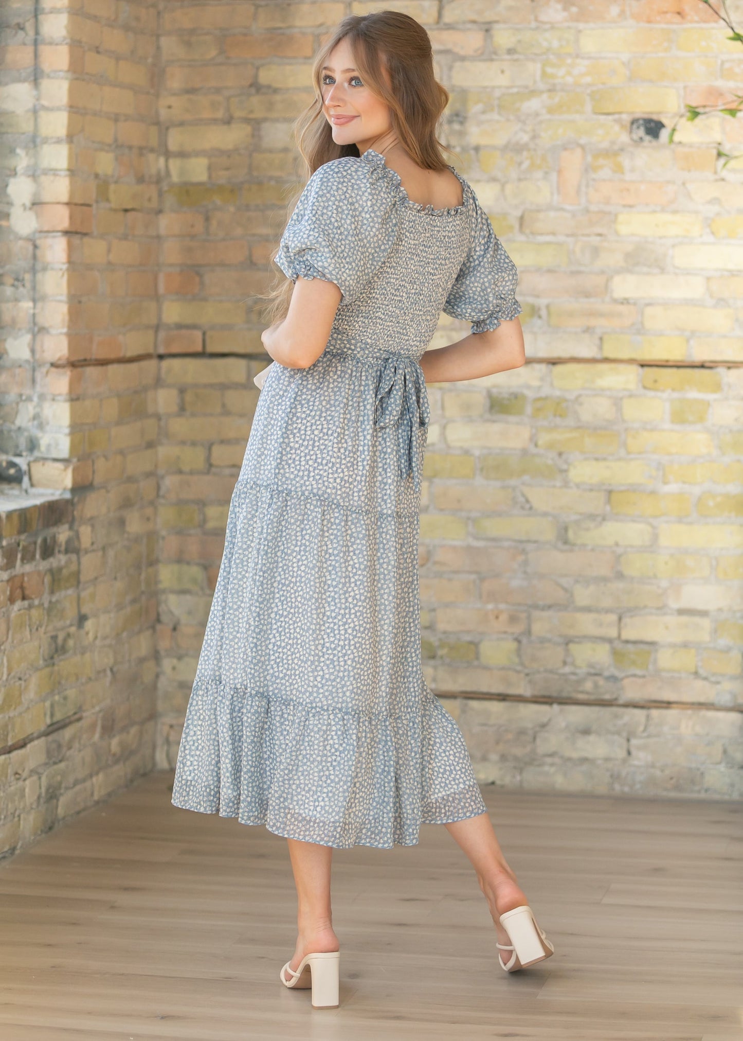Sherelle Cloud Square Neck Smocked Midi Dress