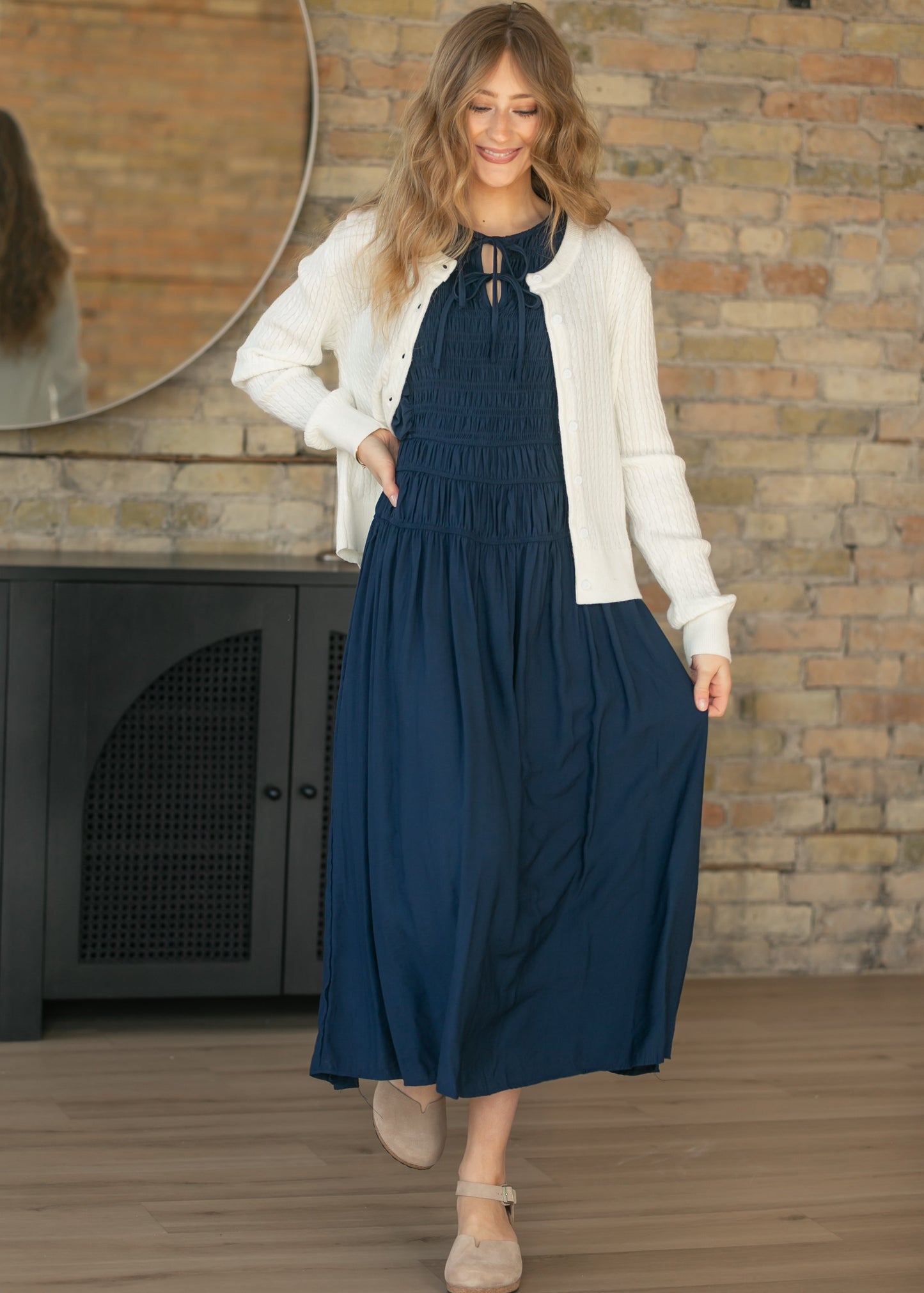 Shirred Front Tie Smocked Maxi Dress