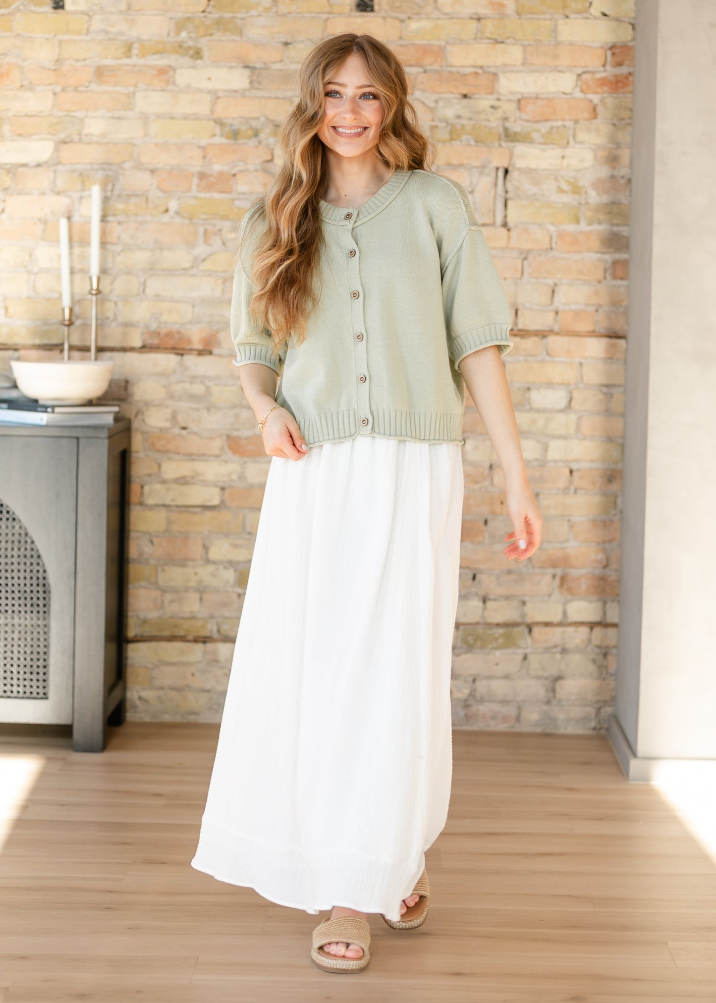 Short Sleeve Button Down Light Olive Cardigan