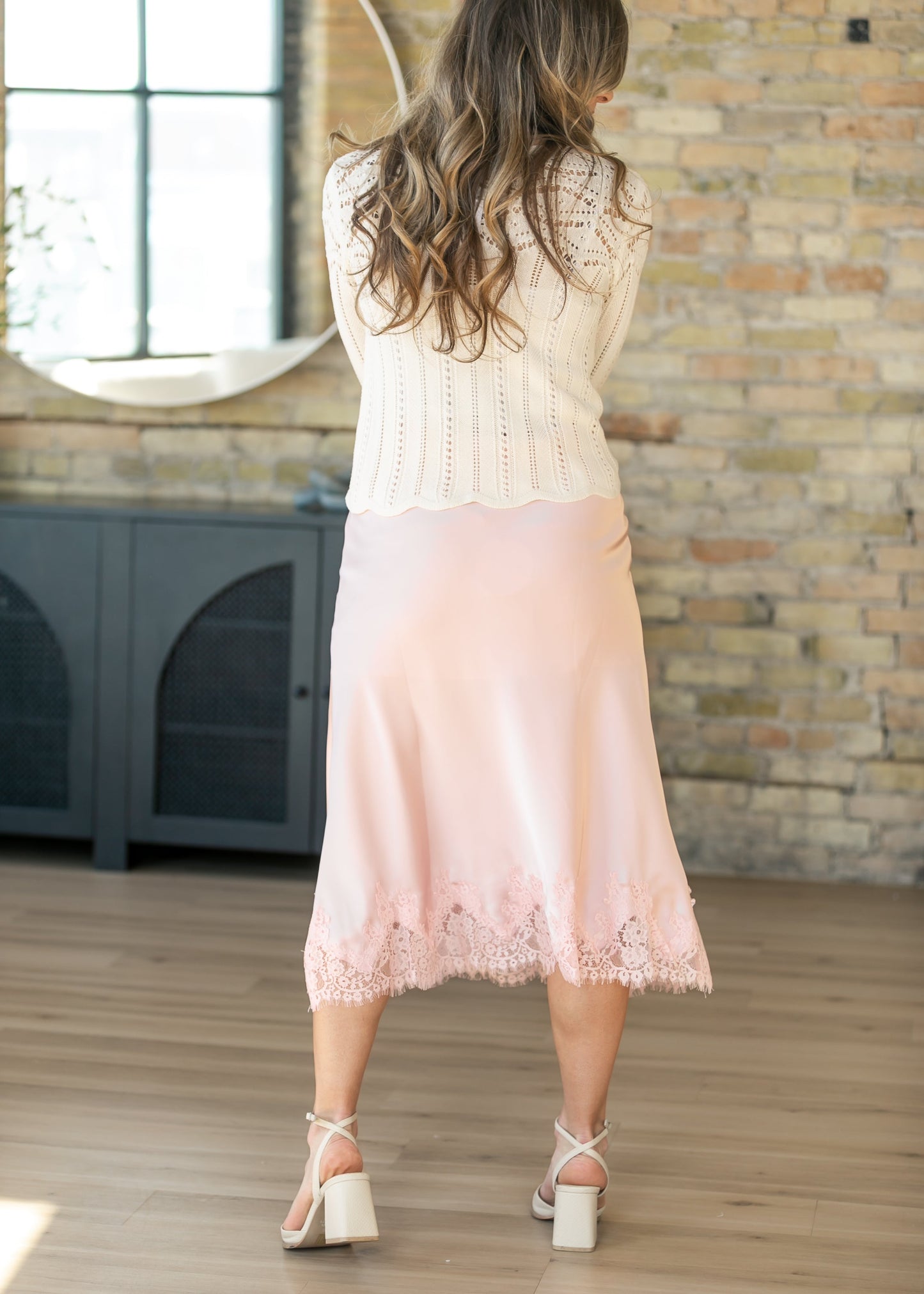 Silky Lace Trim Midi Skirt