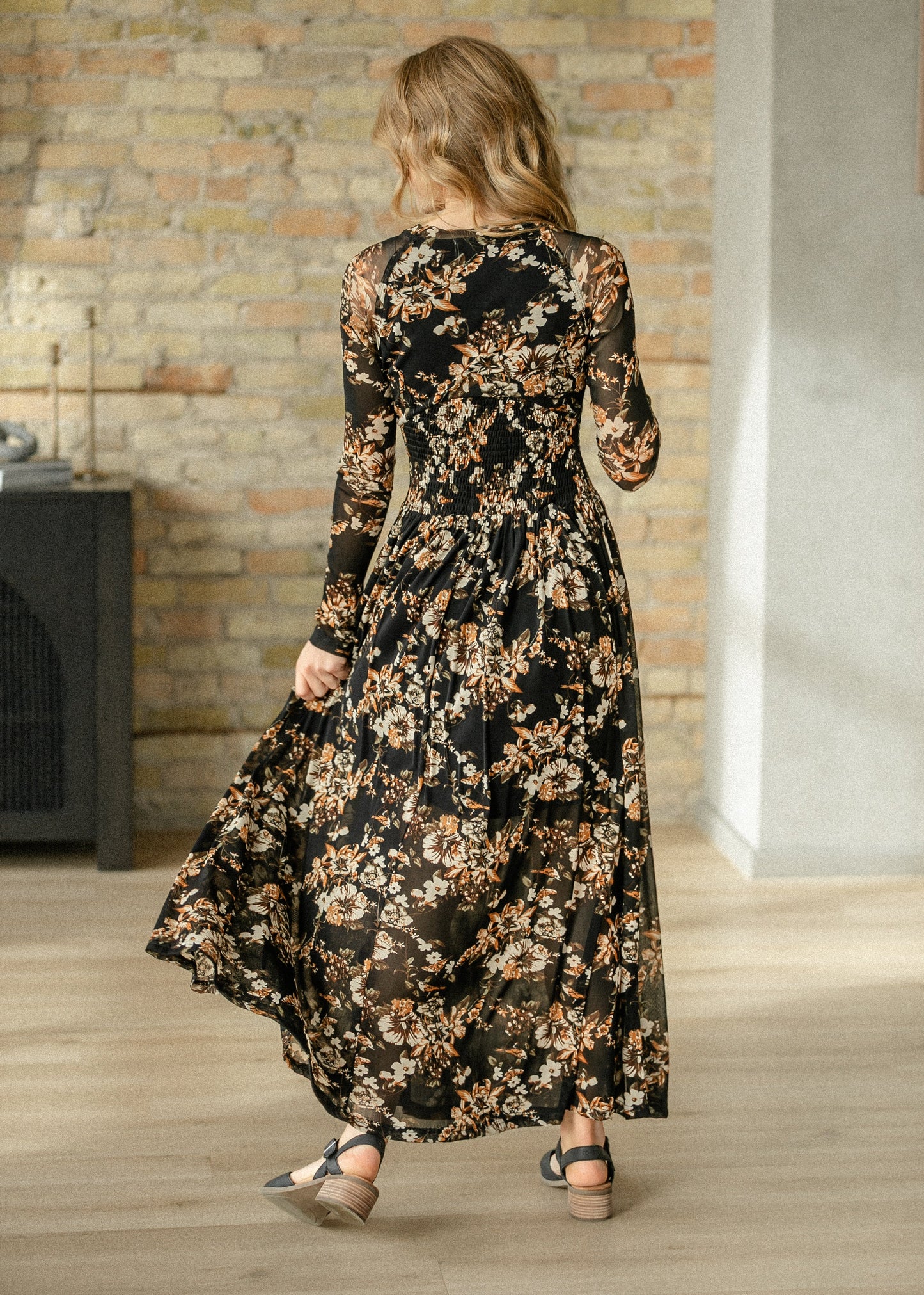 Smocked Waist Floral Mesh Maxi Dress