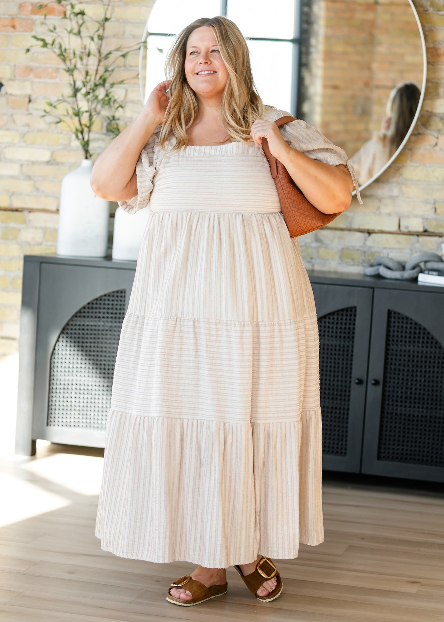 Striped Square Neck Tie Sleeve Maxi Dress