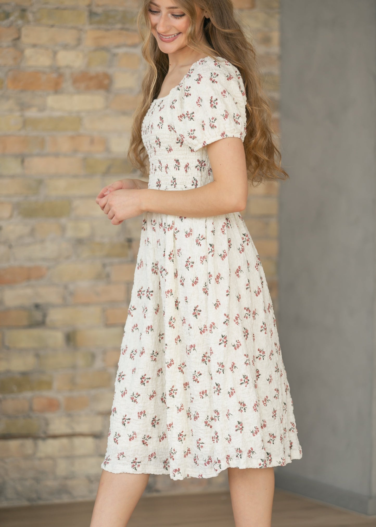 Textured Floral Smocked Midi Dress