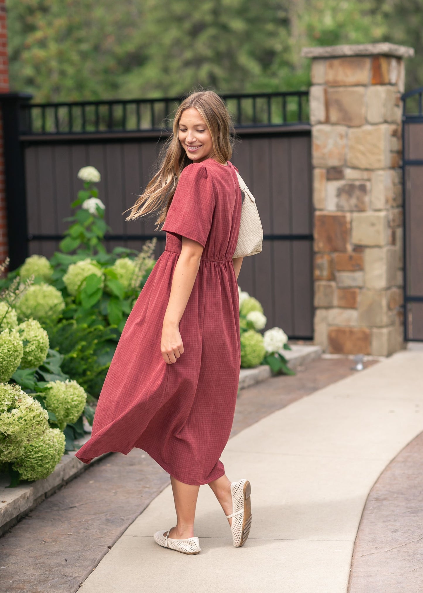 V-neck Gingham Maroon Dress