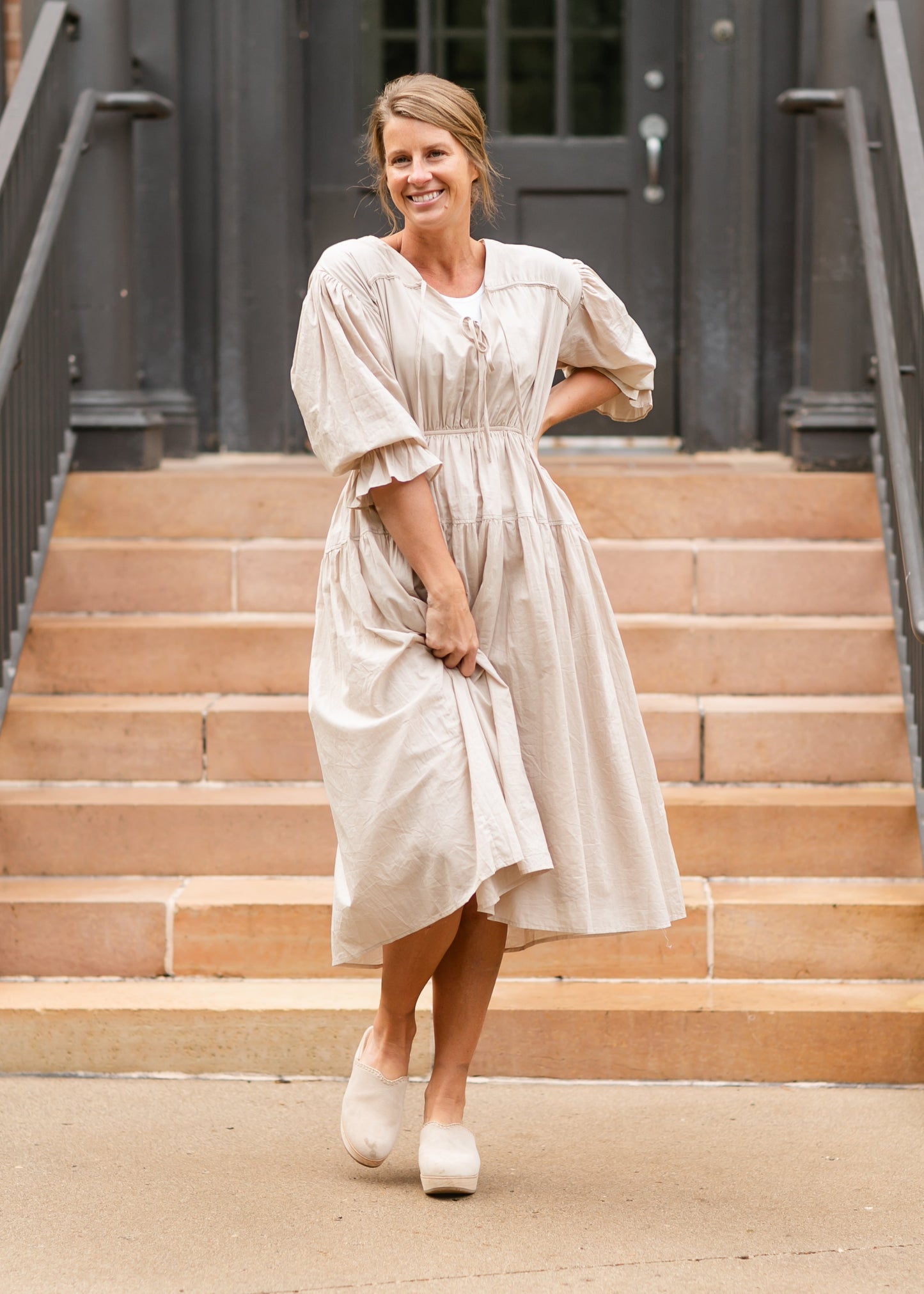 V-neck Puff 3/4 Sleeve Midi Dress - FINAL SALE