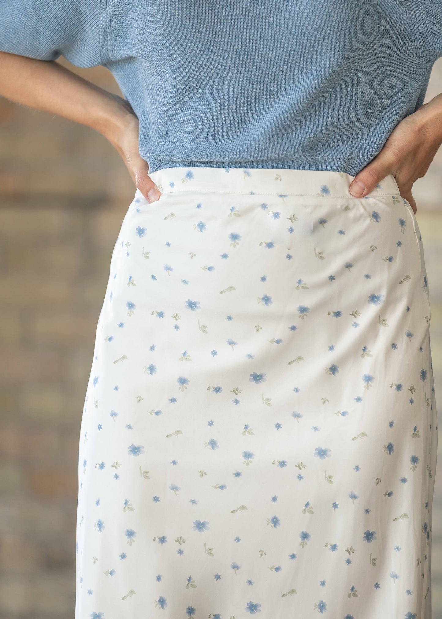 Blue Floral Satin Maxi Skirt
