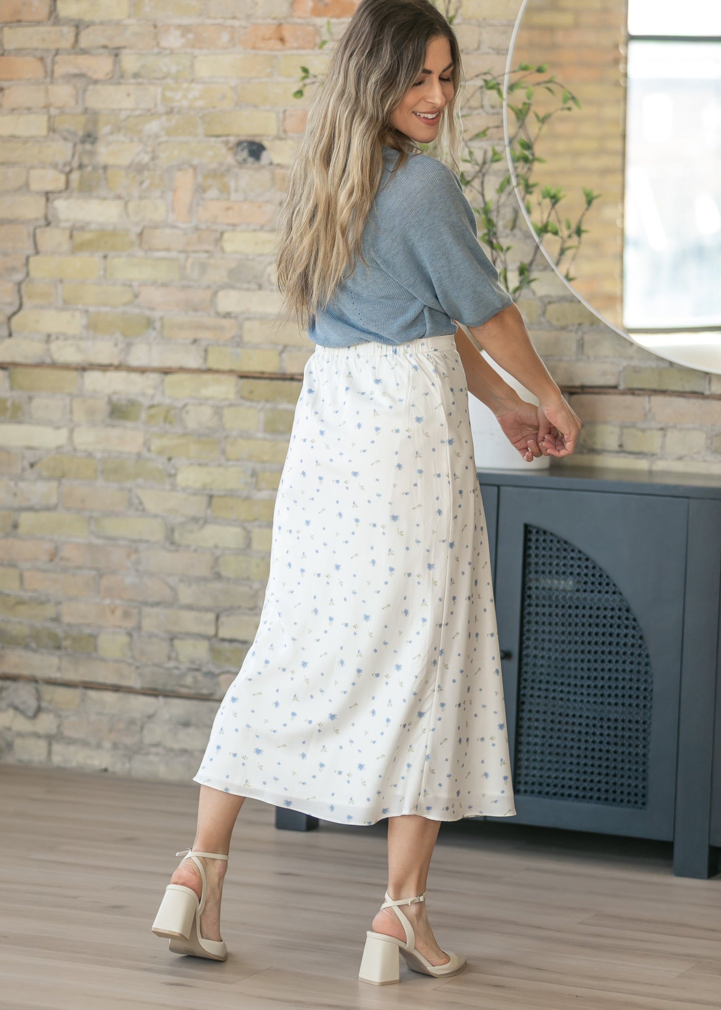 Blue Floral Satin Maxi Skirt