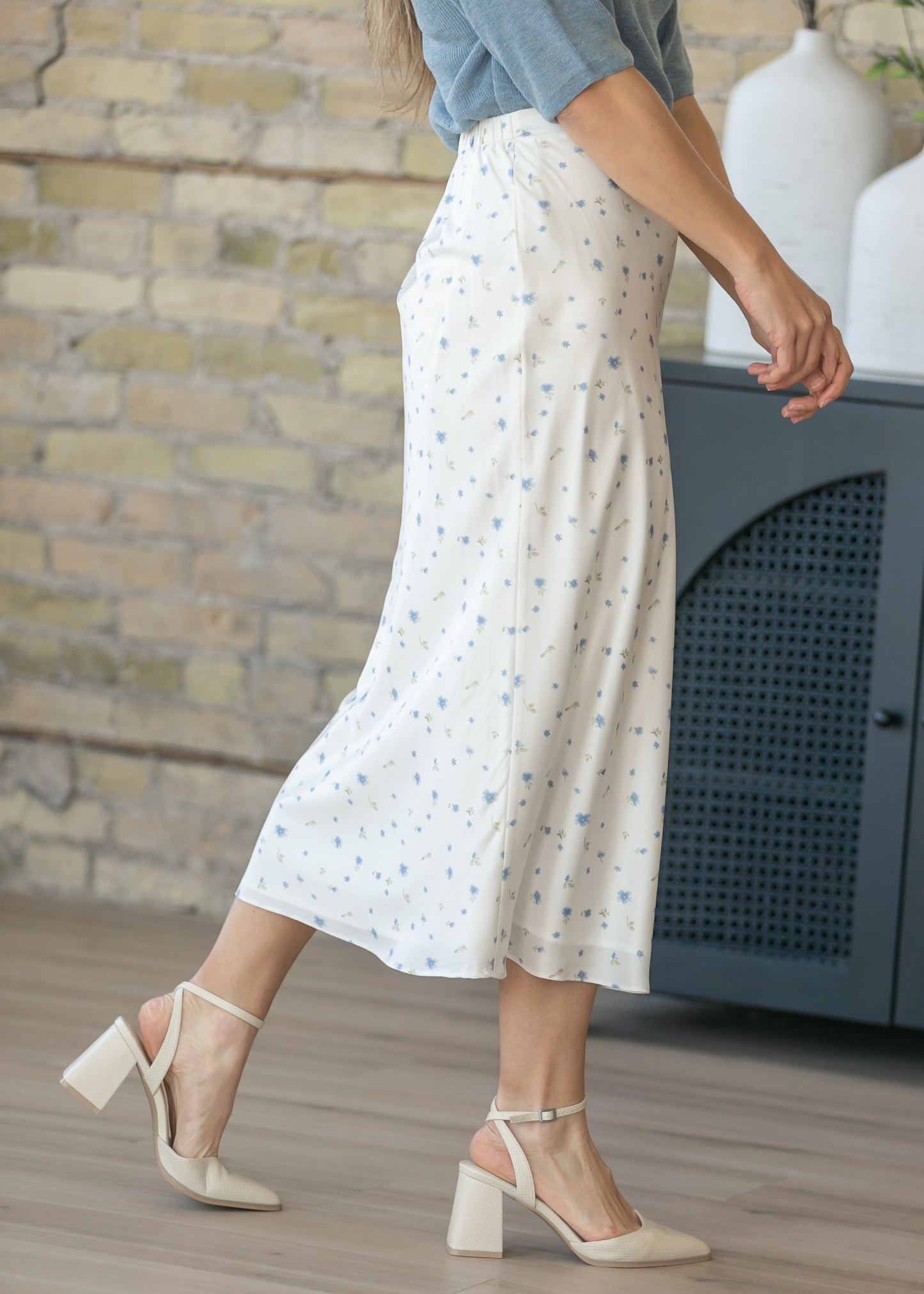 Blue Floral Satin Maxi Skirt