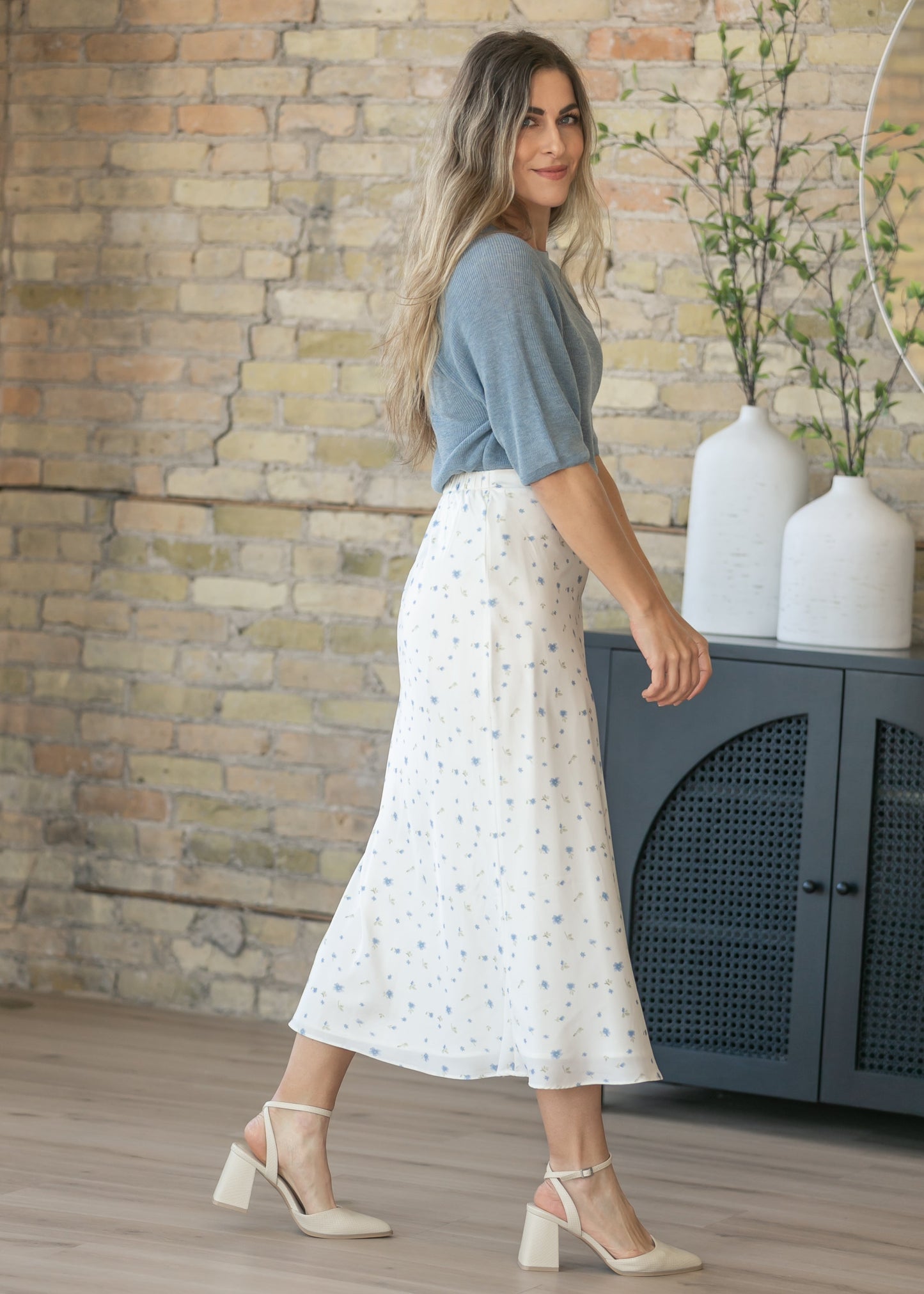Blue Floral Satin Maxi Skirt
