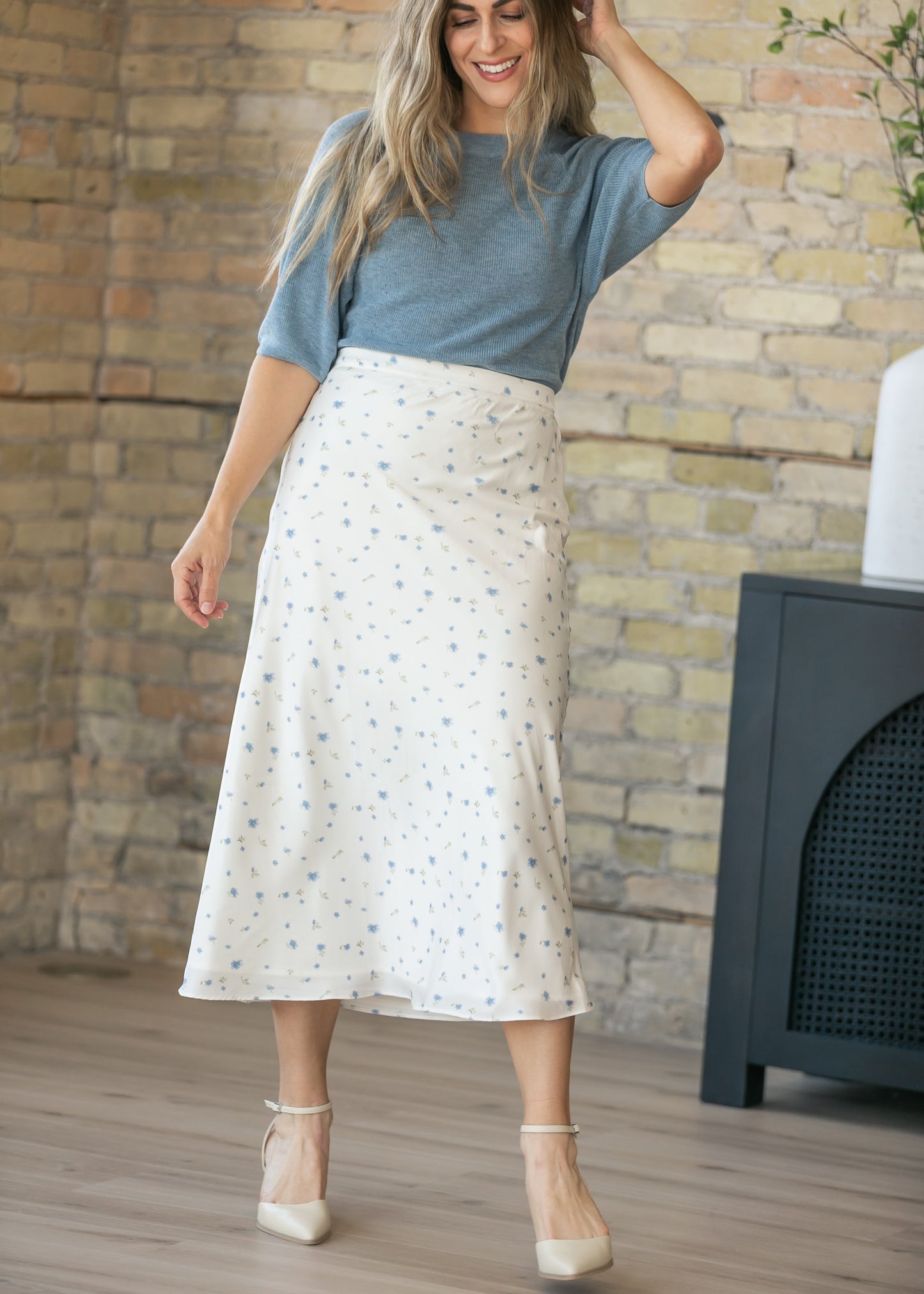Blue Floral Satin Maxi Skirt