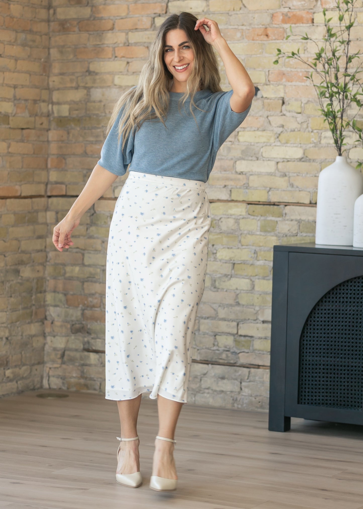 Blue Floral Satin Maxi Skirt