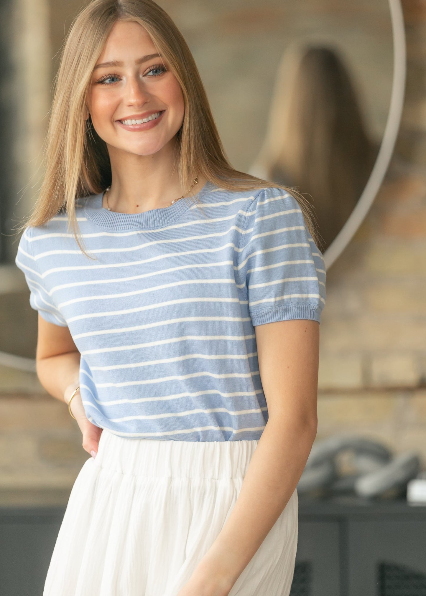 Blue Stripe Puff Sleeve Top
