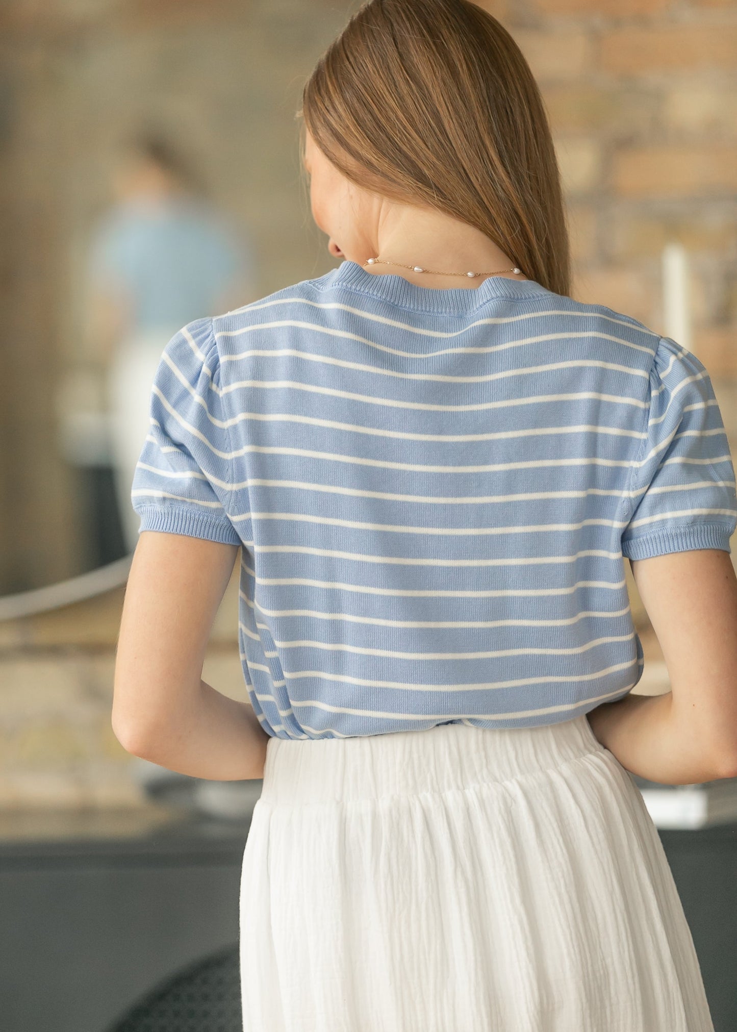 Blue Stripe Puff Sleeve Top