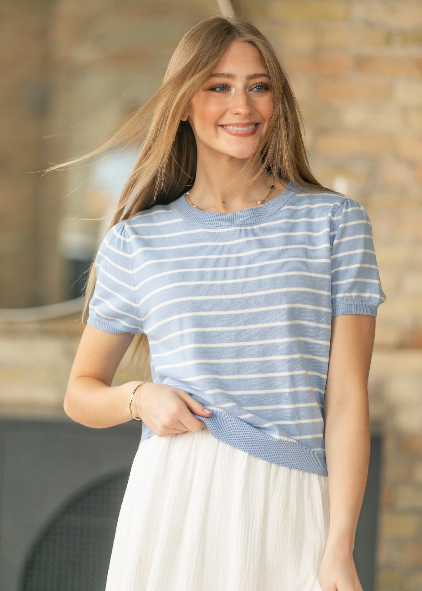 Blue Stripe Puff Sleeve Top