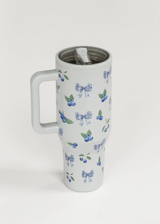 Dusty Blue Blueberry Bow Spill Free Tumbler
