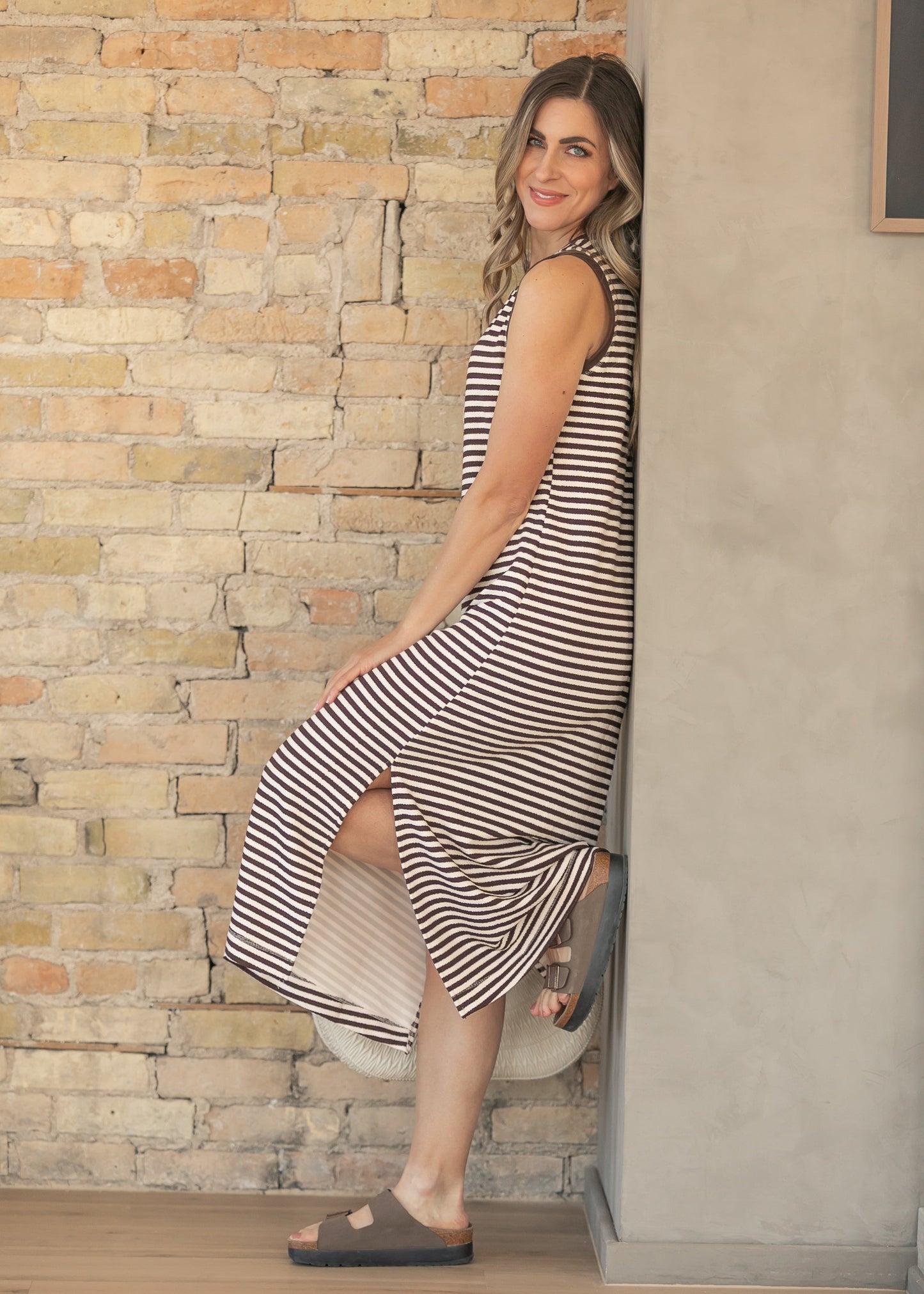 Brown Striped Tank Midi Dress