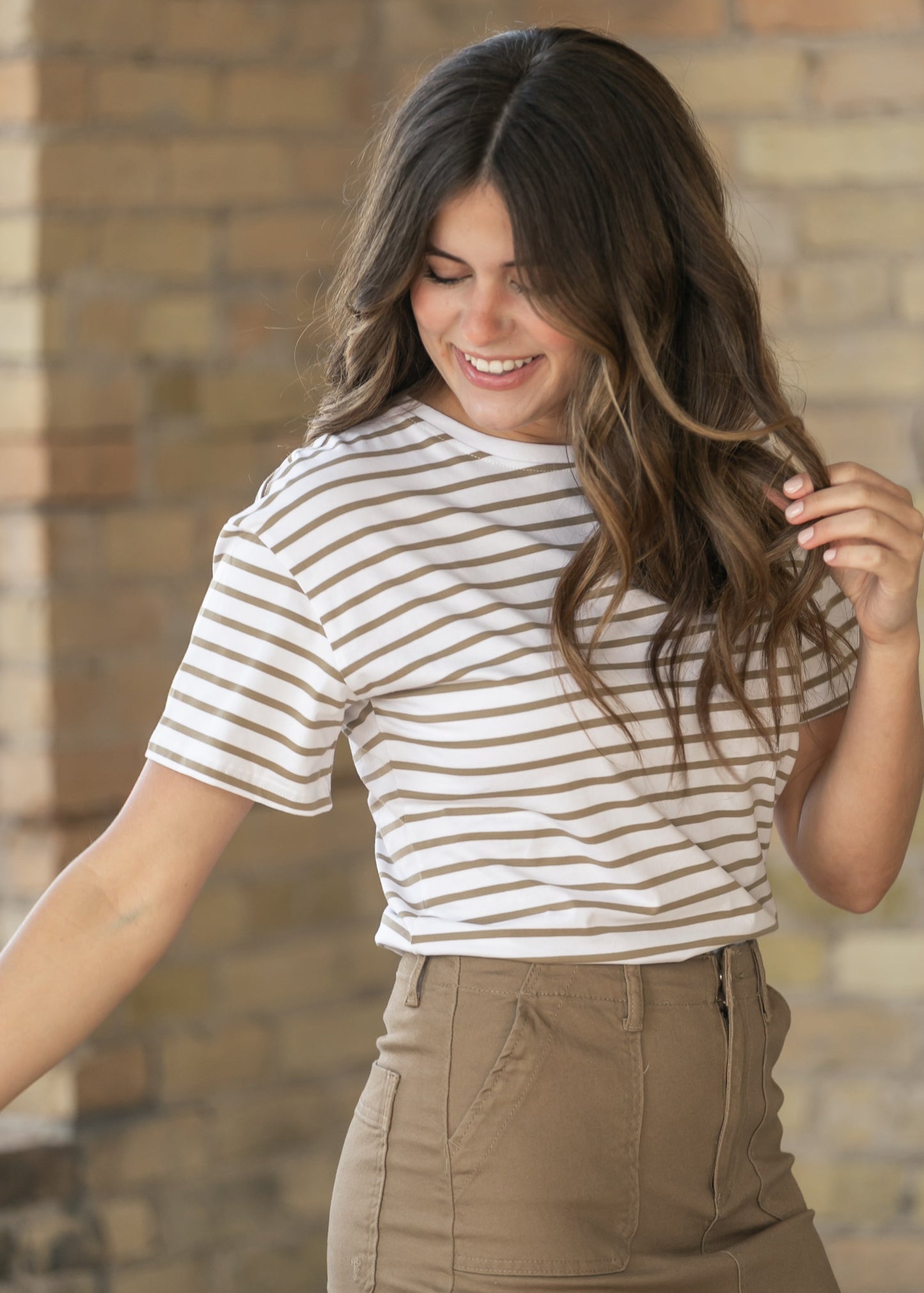 Crew Taupe Striped Relaxed Basic T Shirt