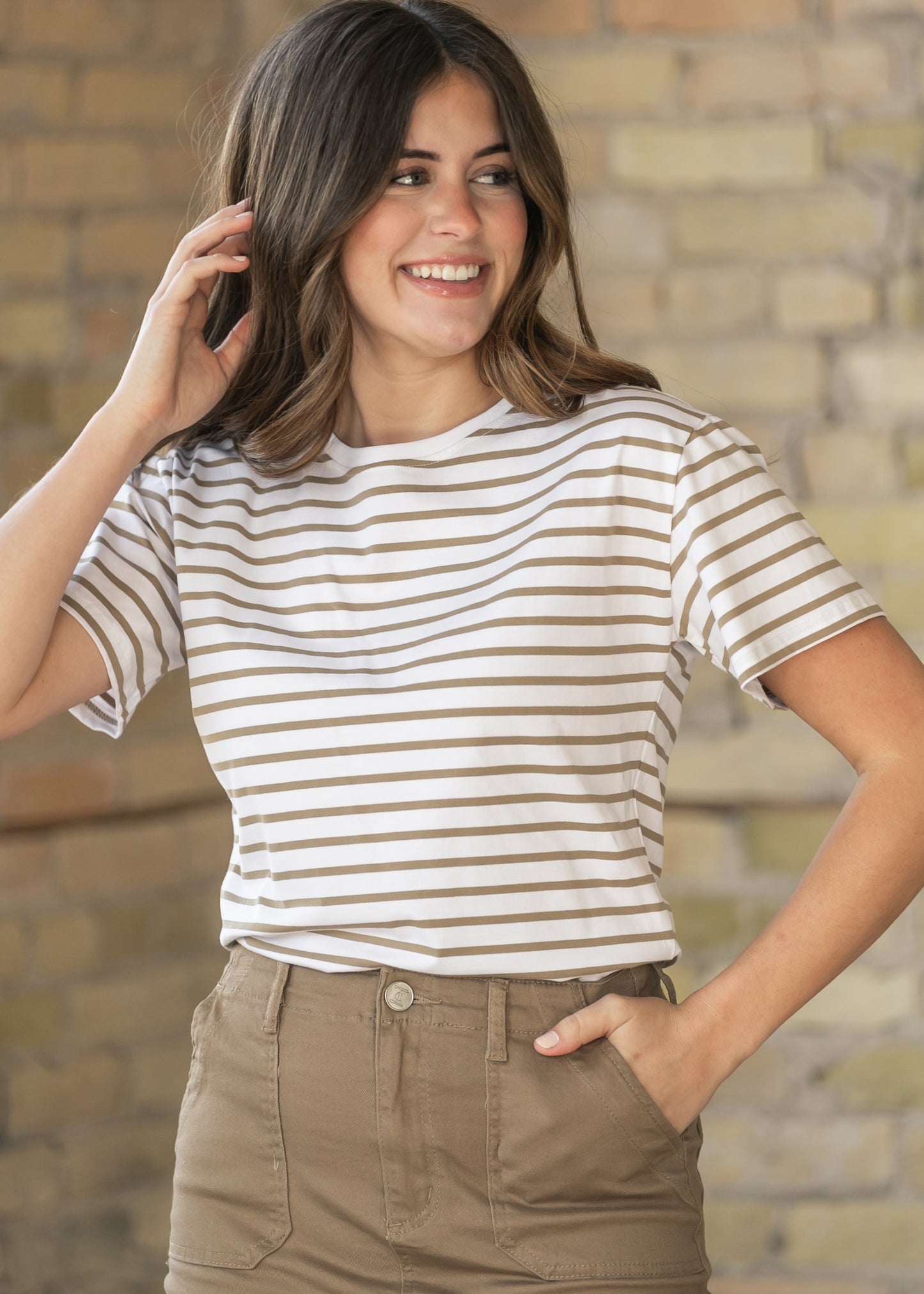 Crew Taupe Striped Relaxed Basic T Shirt