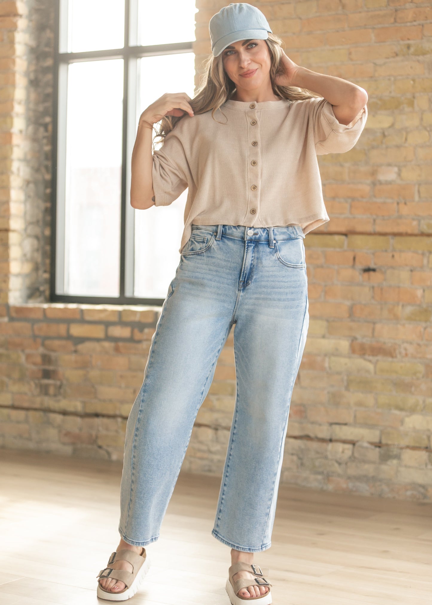 Oatmeal Ribbed Knit Button Front Top