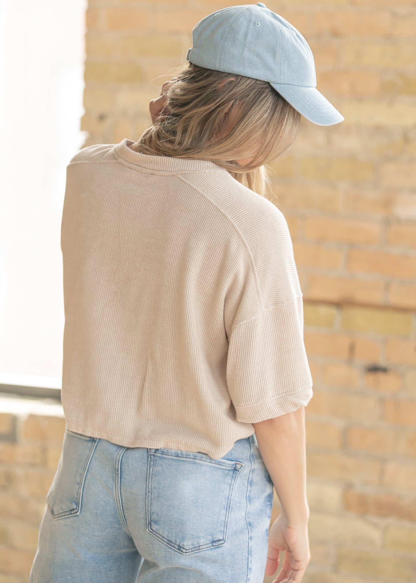 Oatmeal Ribbed Knit Button Front Top