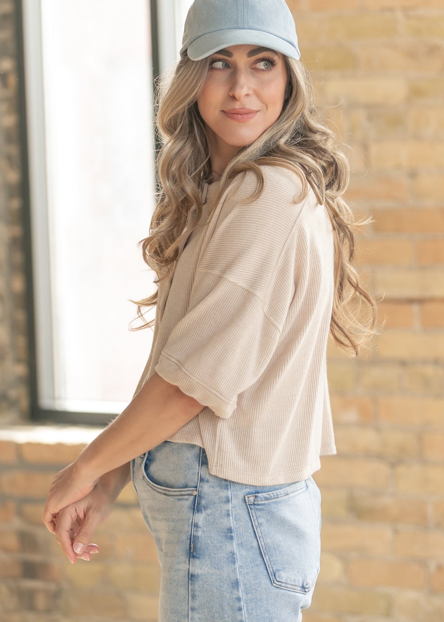 Oatmeal Ribbed Knit Button Front Top