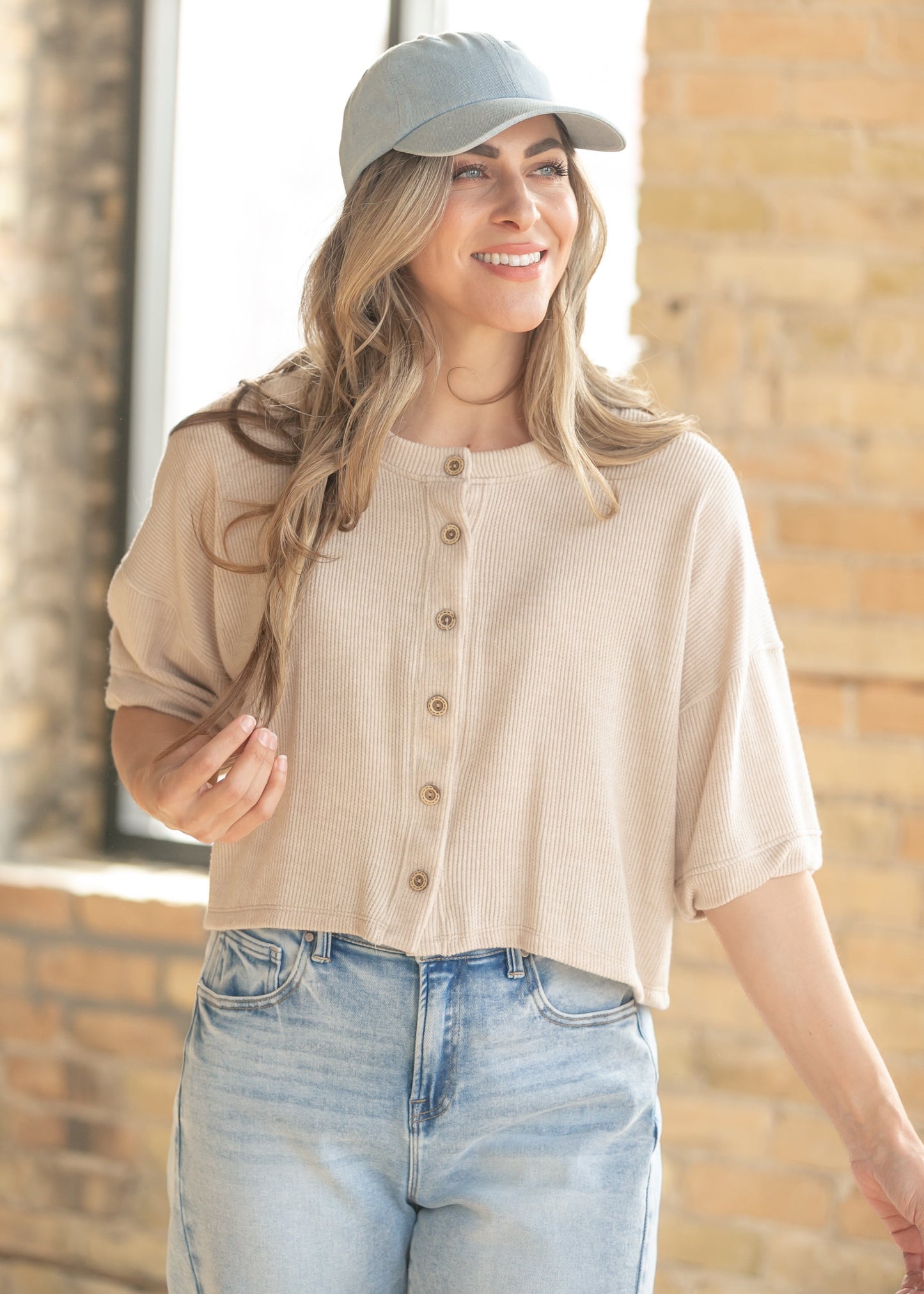 Oatmeal Ribbed Knit Button Front Top