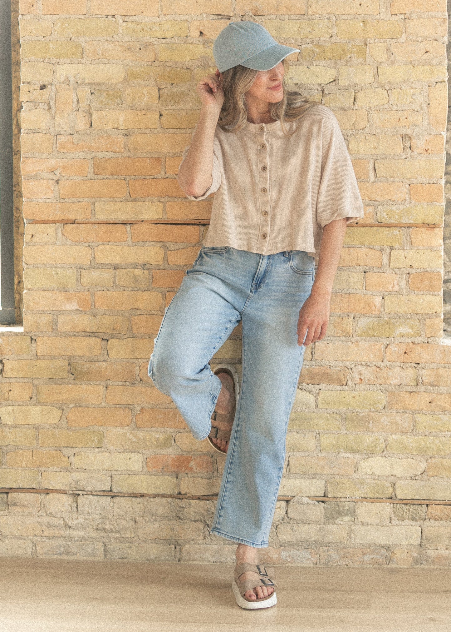 Oatmeal Ribbed Knit Button Front Top