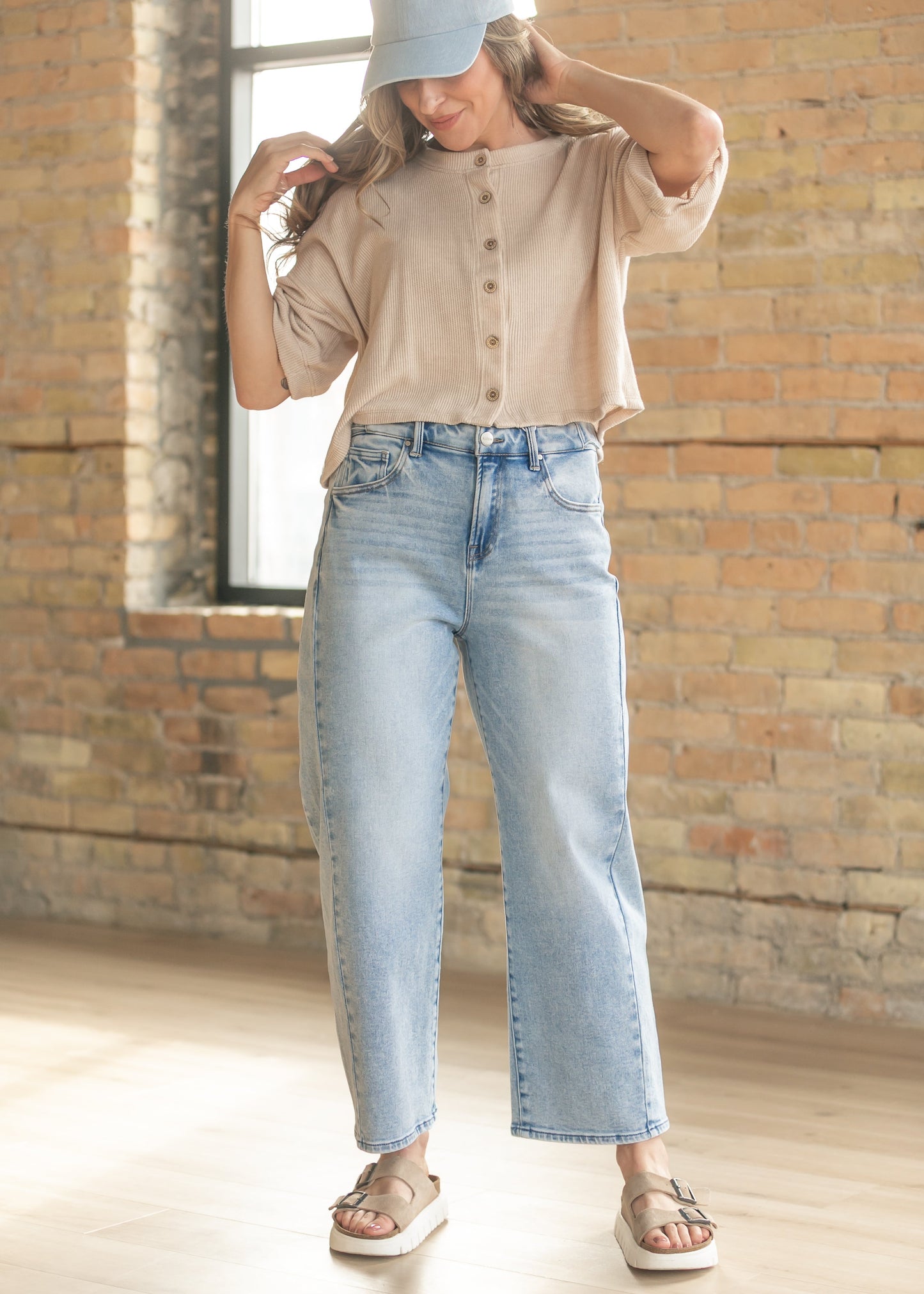 Oatmeal Ribbed Knit Button Front Top